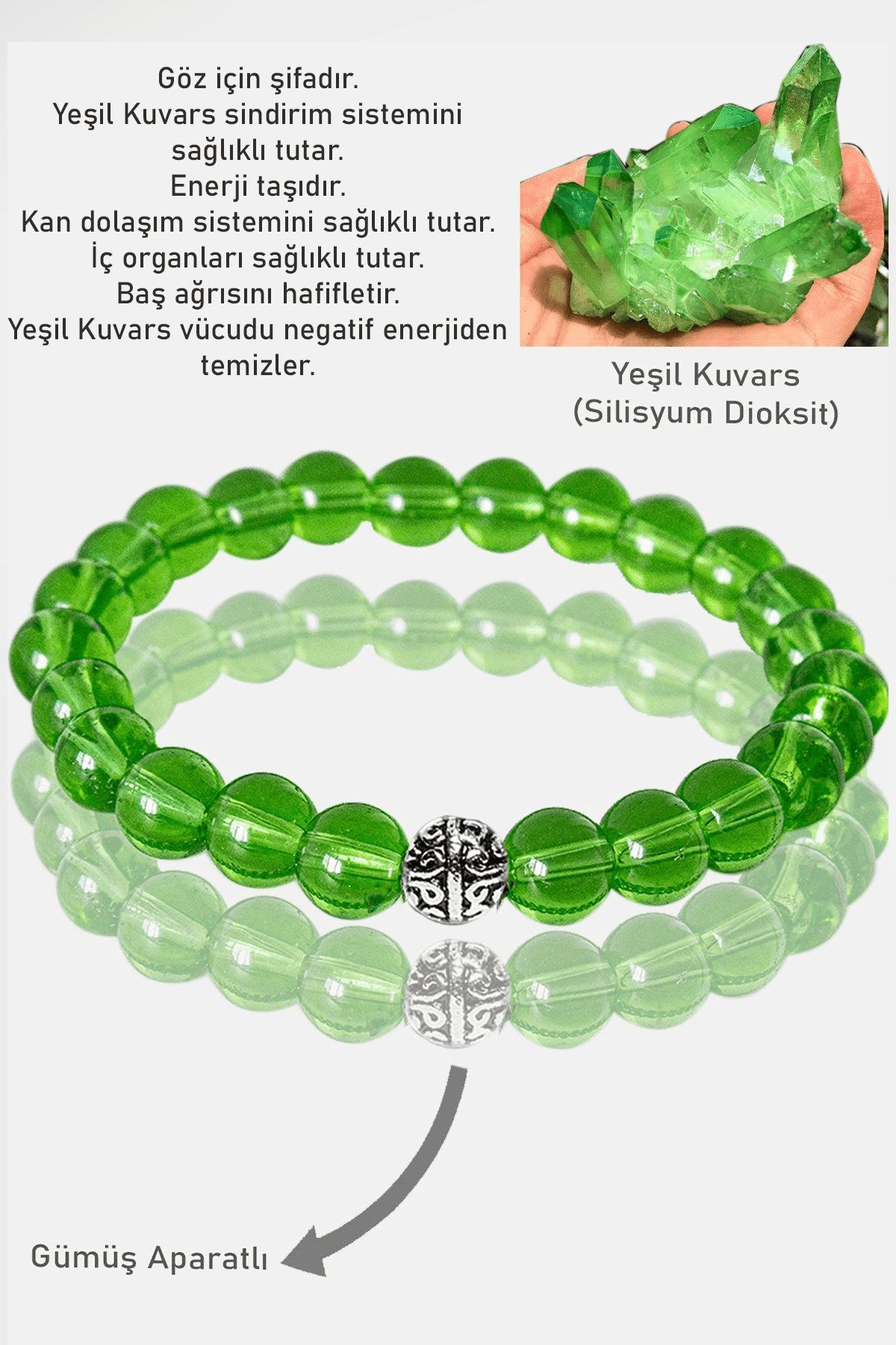 Sertifikalı AAA+ Yeşil Kuvars Taşı Bileklik - Gümüş Aparatlı