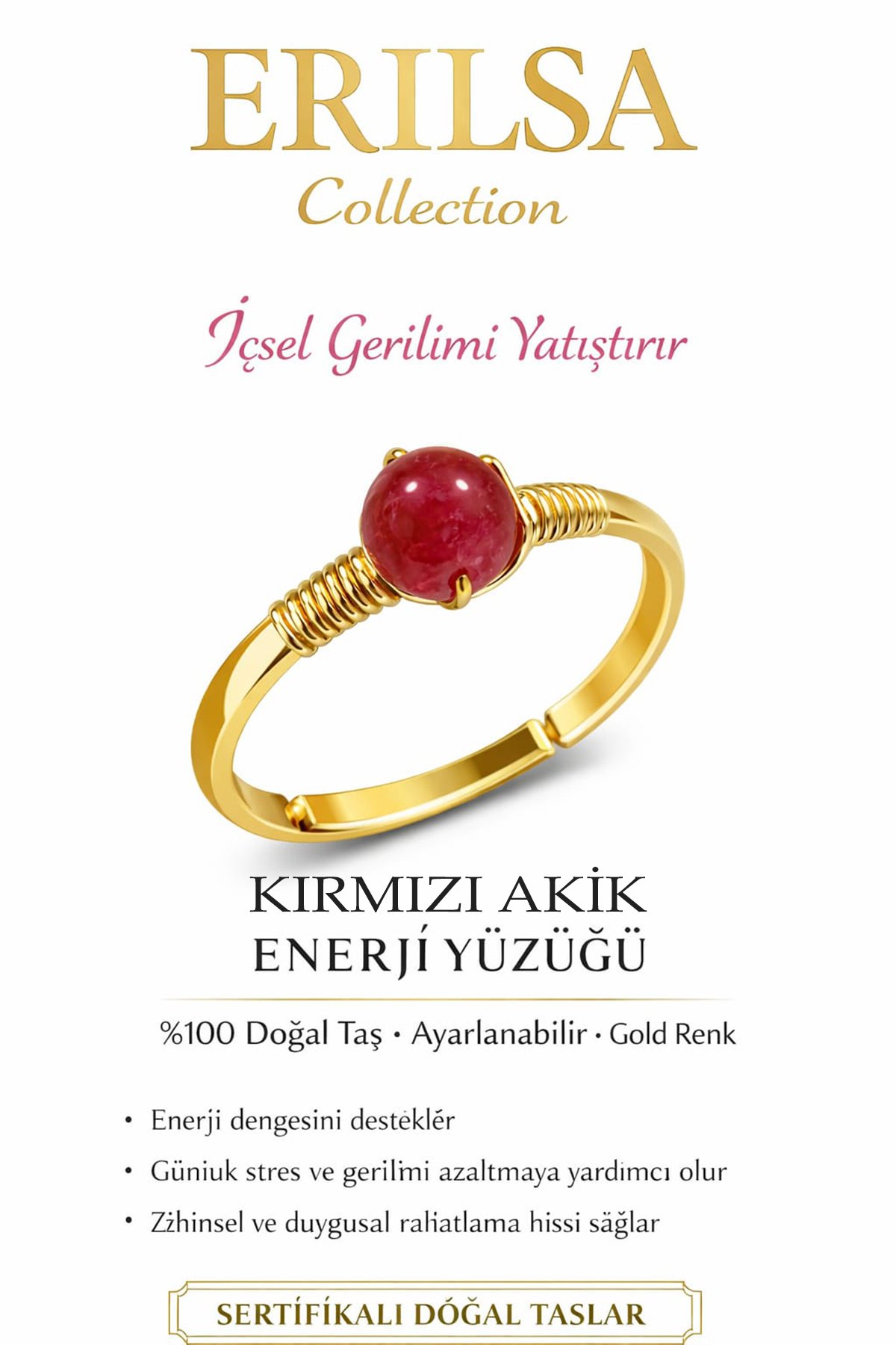 Sertifikalı Enerji Dengeleyici Frekans Yüzüğü - Kırmızı Akik Taşı Ayarlamalı Gold Koç Aslan Burcu