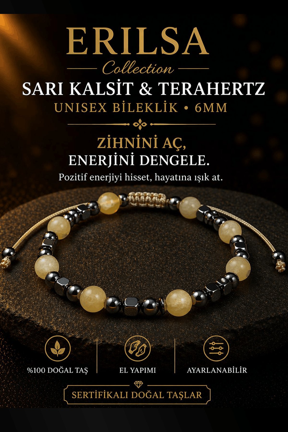 Sertifikalı Sarı Kalsit Terahertz Bileklik - 6 MM Doğal Taş Unisex Ayarlanabilir - Zarif Model