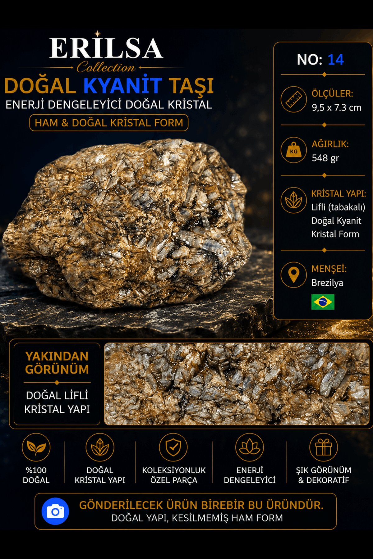 Sertifikalı Doğal Kyanit Taşı Ham Kristal Kütle Dekoratif Doğal Mineral No 14