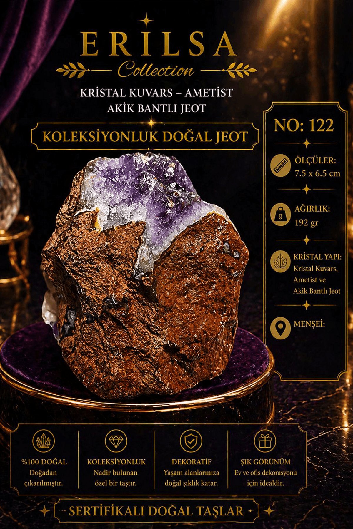 Sertifikalı Kristal Kuvars Ametist Akik Bantlı Jeot Koleksiyonluk Doğal Taş Dekoratif Obje NO122