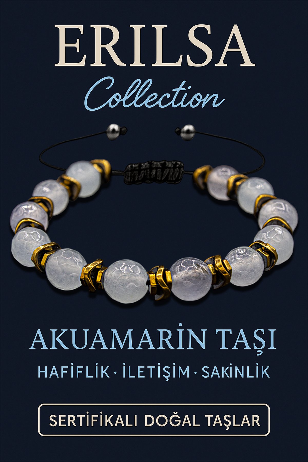 Sertifikalı Fasetli Hematit & Akuamarin Taşı Bileklik – Sakinlik, Güç ve Zihinsel Netlik