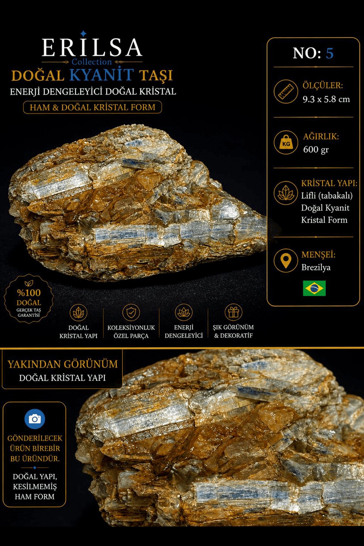 Sertifikalı Doğal Kyanit Taşı Kütle – Ham Kristal Yapılı Koleksiyonluk Mineral Dekor Taşı NO5