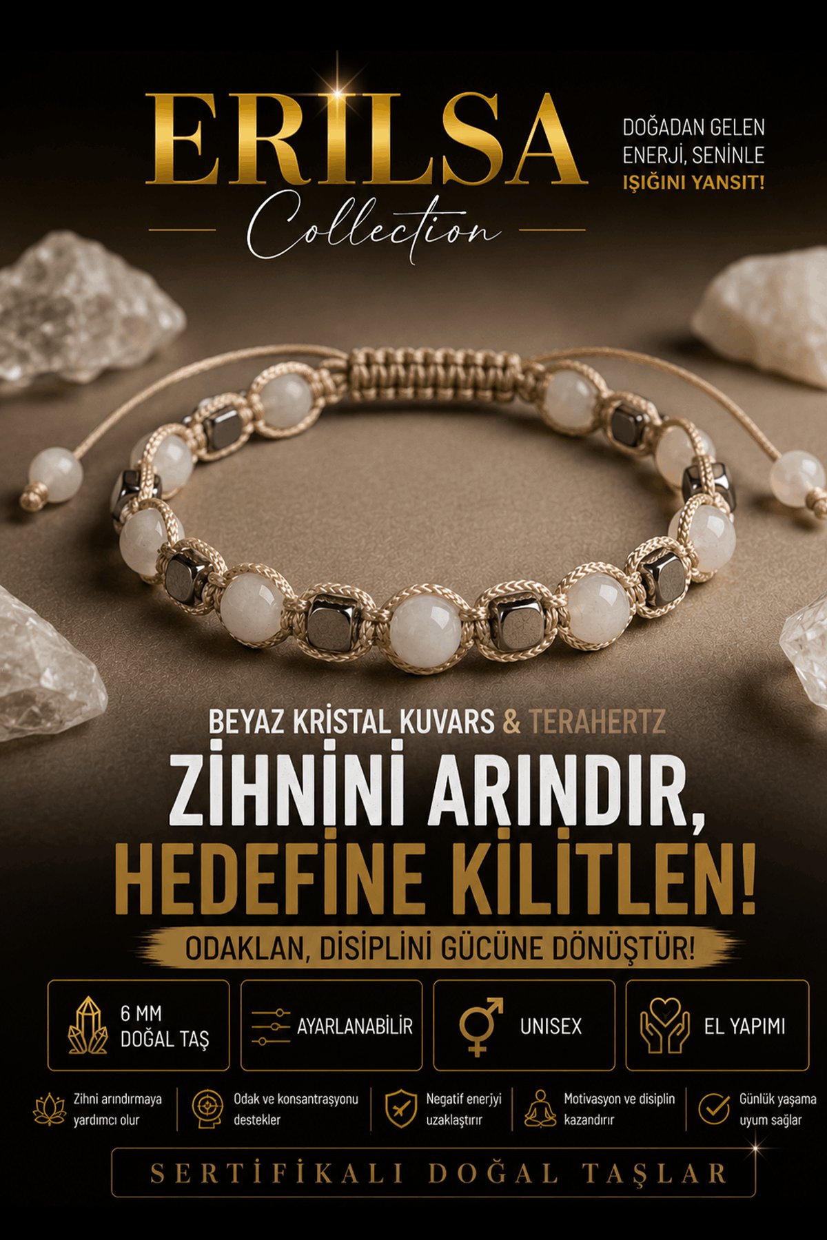 Sertifikalı Beyaz Kristal Kuvars Terahertz Doğal Taş Bileklik Ayarlanabilir - Odaklanma Başarı Zeka