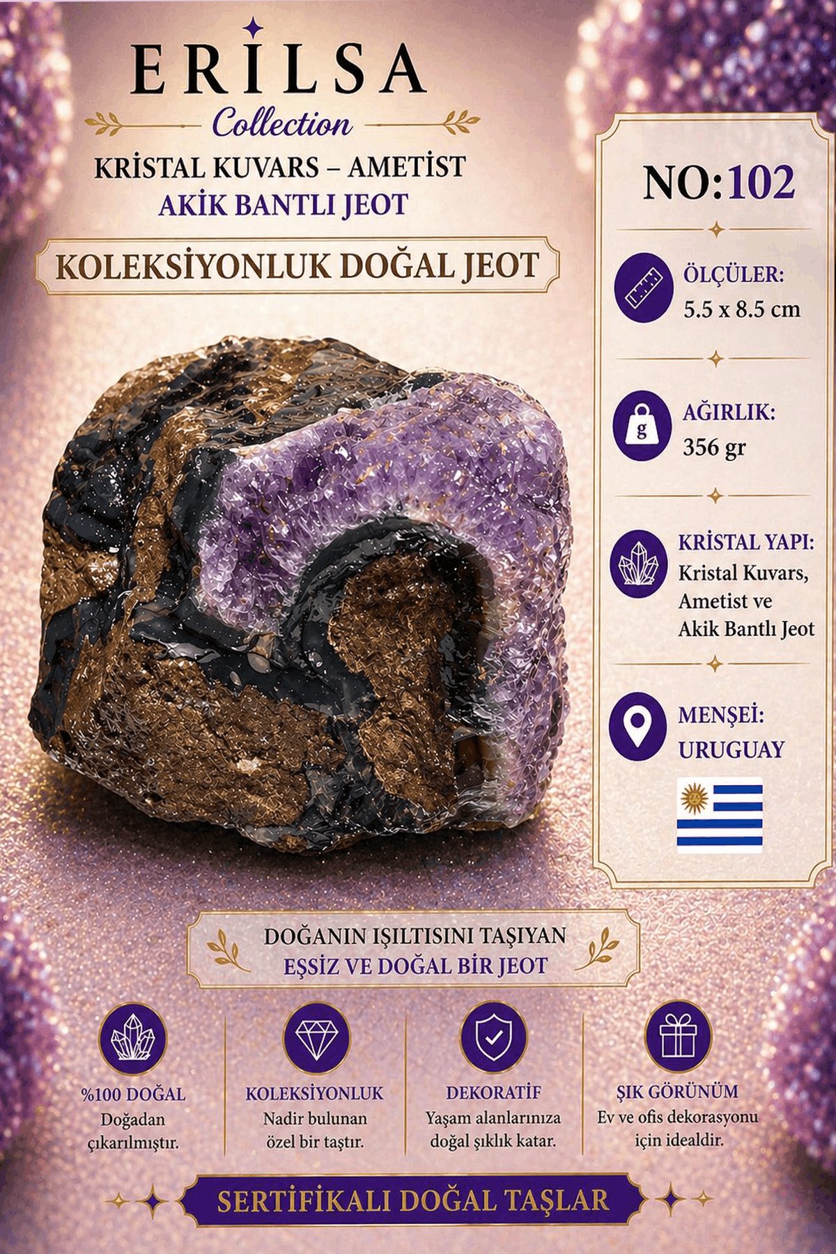 Sertifikalı Kristal Kuvars Ametist Akik Bantlı Jeot Doğal Taş Koleksiyonluk 5.5x8.5 cm 356 gr NO102