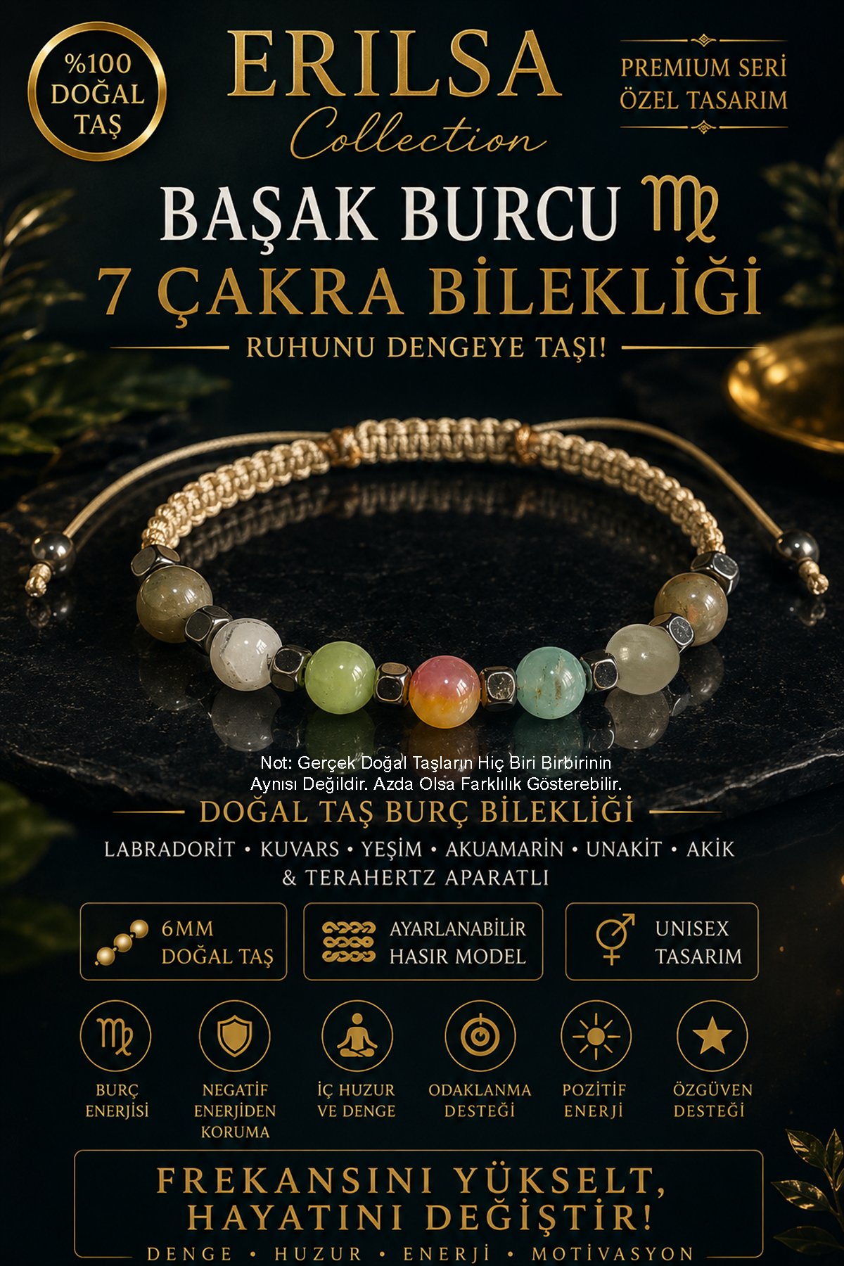 Sertifikalı Başak Burcu 7 Çakra Doğal Taş Bileklik - Ayarlamalı Unisex Lüks Hem Bileklik Hem Halhal