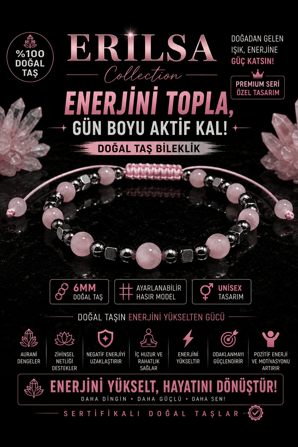 Sertifikalı Pembe Kuvars Terahertz Doğal Taş Bileklik 6 MM Ayarlanabilir Unisex Model