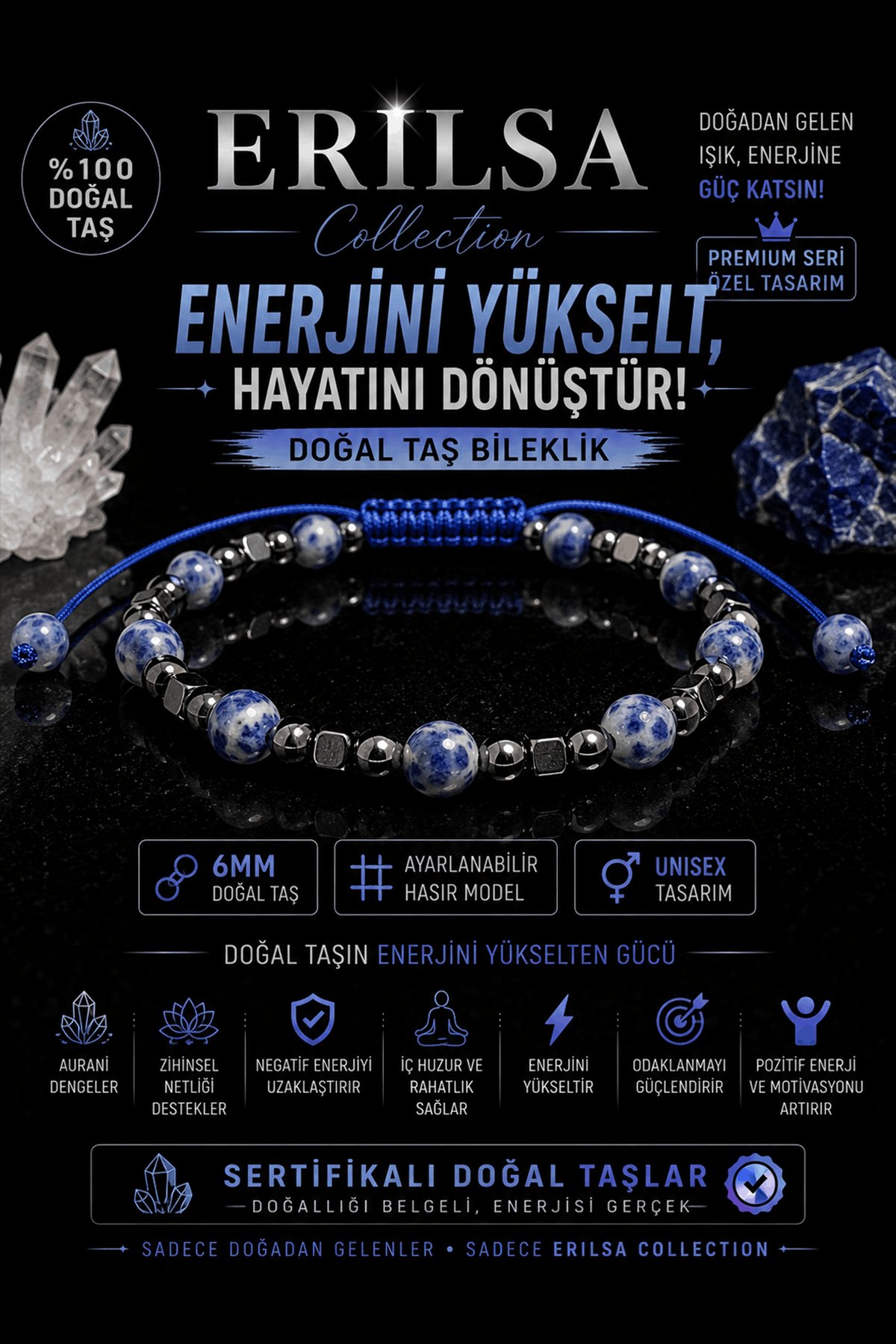 Sertifikalı Sodalit Terahertz Doğal Taş Bileklik 6 MM Ayarlanabilir Unisex Premium Model