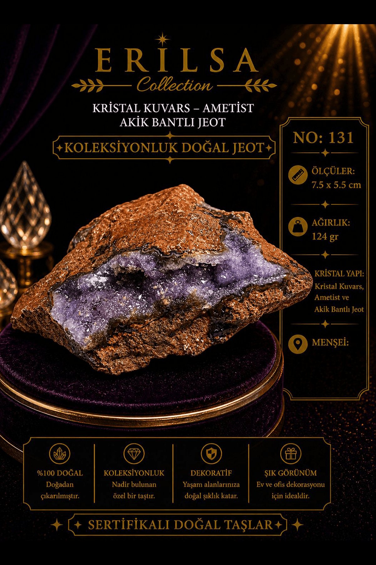 Sertifikalı Kristal Kuvars Ametist Akik Bantlı Jeot Koleksiyonluk Doğal Taş Dekoratif Obje NO 131
