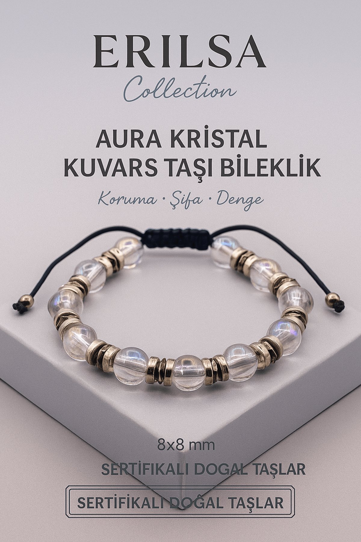 Sertifikalı Aura Kristal Kuvars Doğal Taş Bileklik - 8x8 mm Koruma Şifa ve Denge Enerjisi Taşı