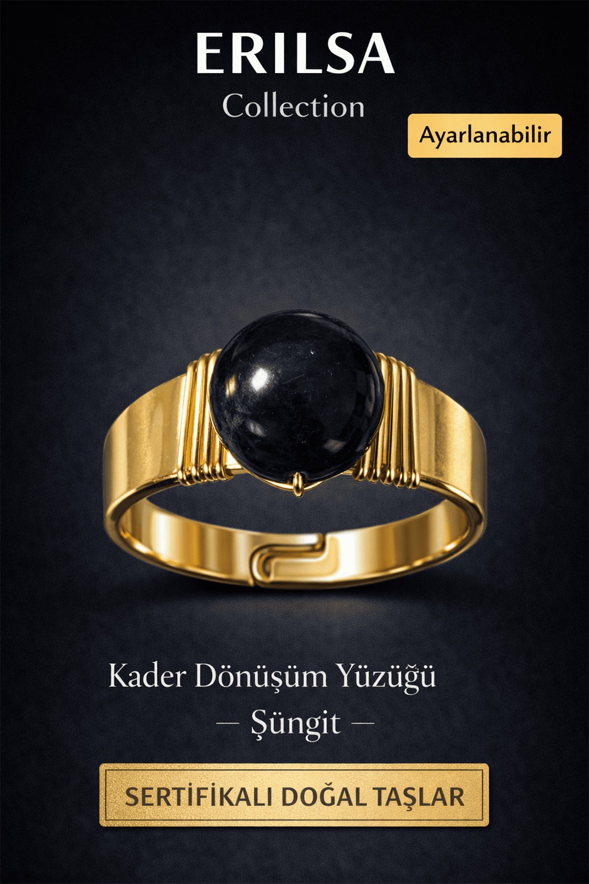 Sertifikalı Şungit Doğal Taş Yüzük – Kader Dönüşüm Enerji Ayarlanabilir