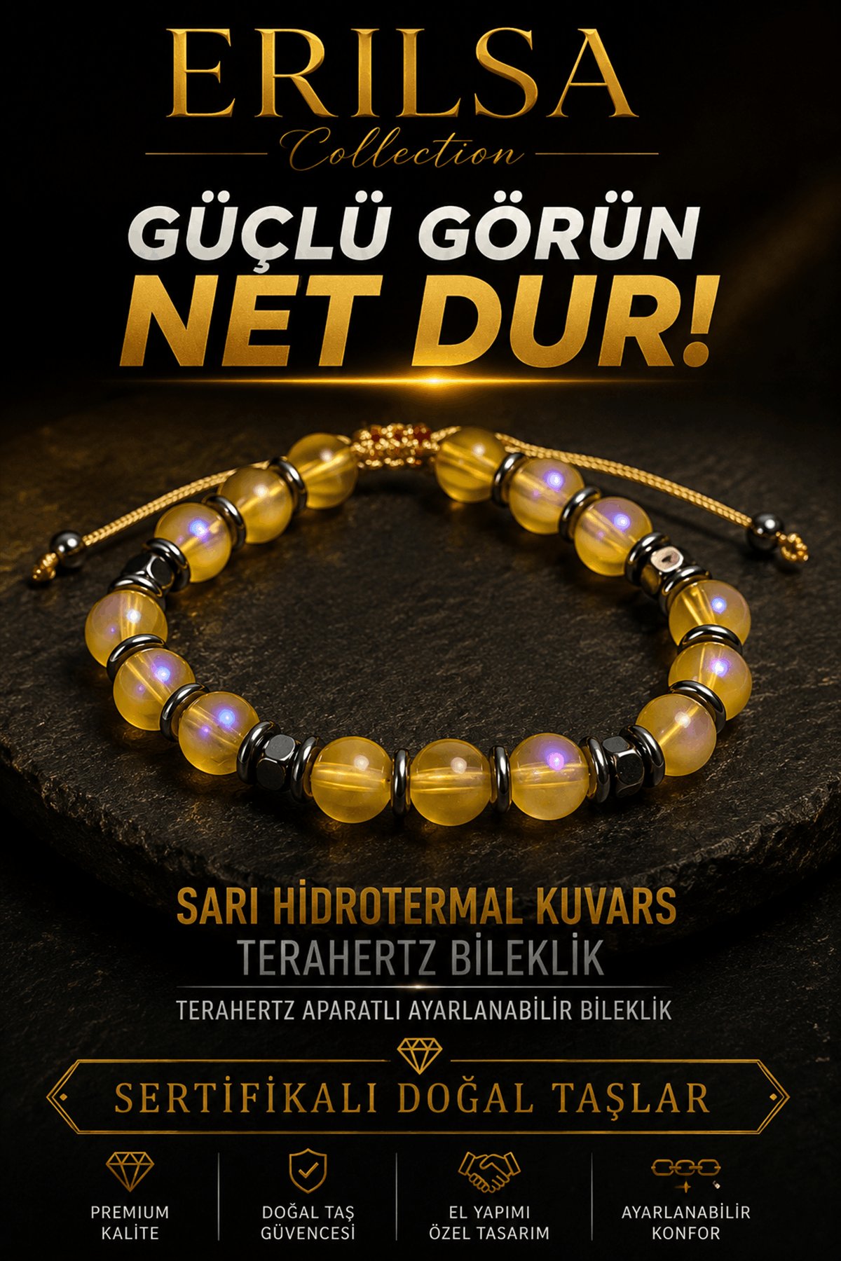 Sertifikalı Terahertz - Aura Sarı Hidrotermal Kuvars Bileklik - 8 MM Ayarlanabilir