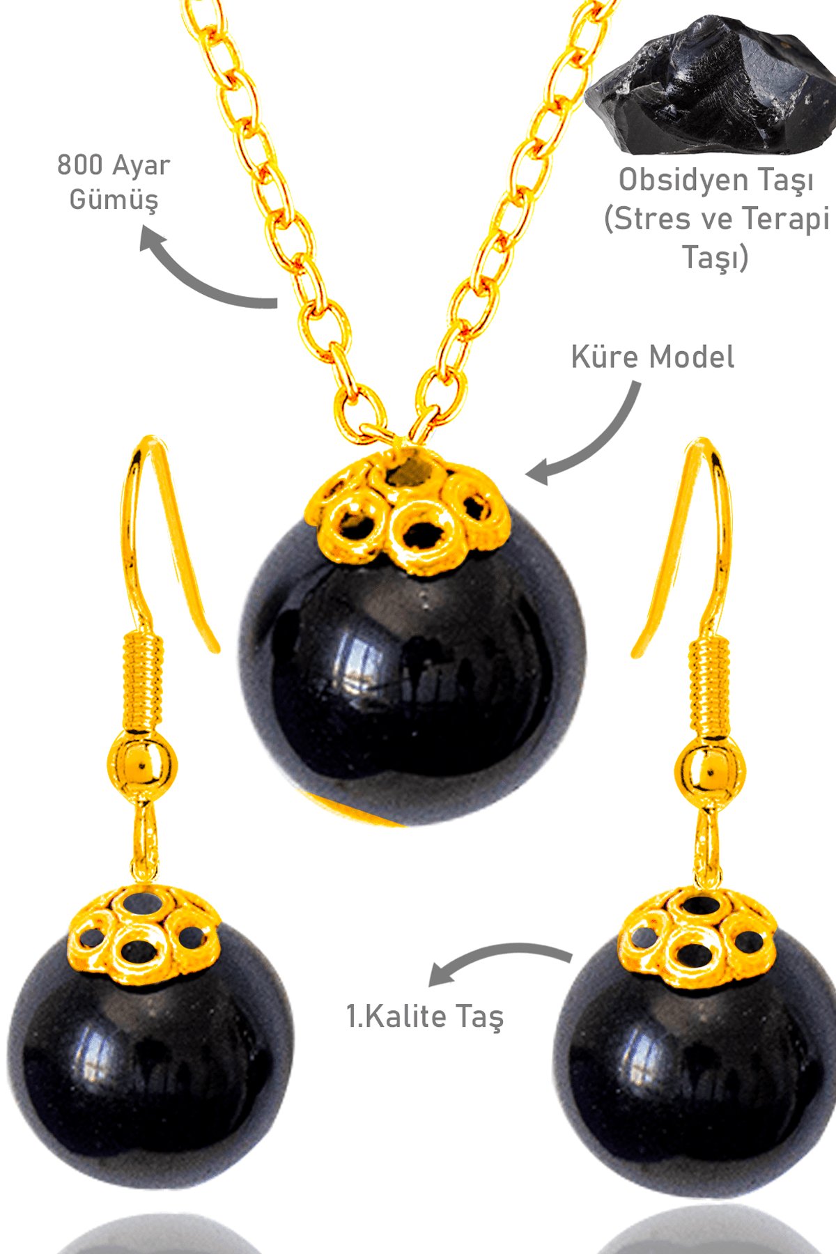 Sertifikalı Gold Küre Model Siyah Obsidyen Taşı Kolye ve Küpe Seti - Gümüş Aparatlı-min