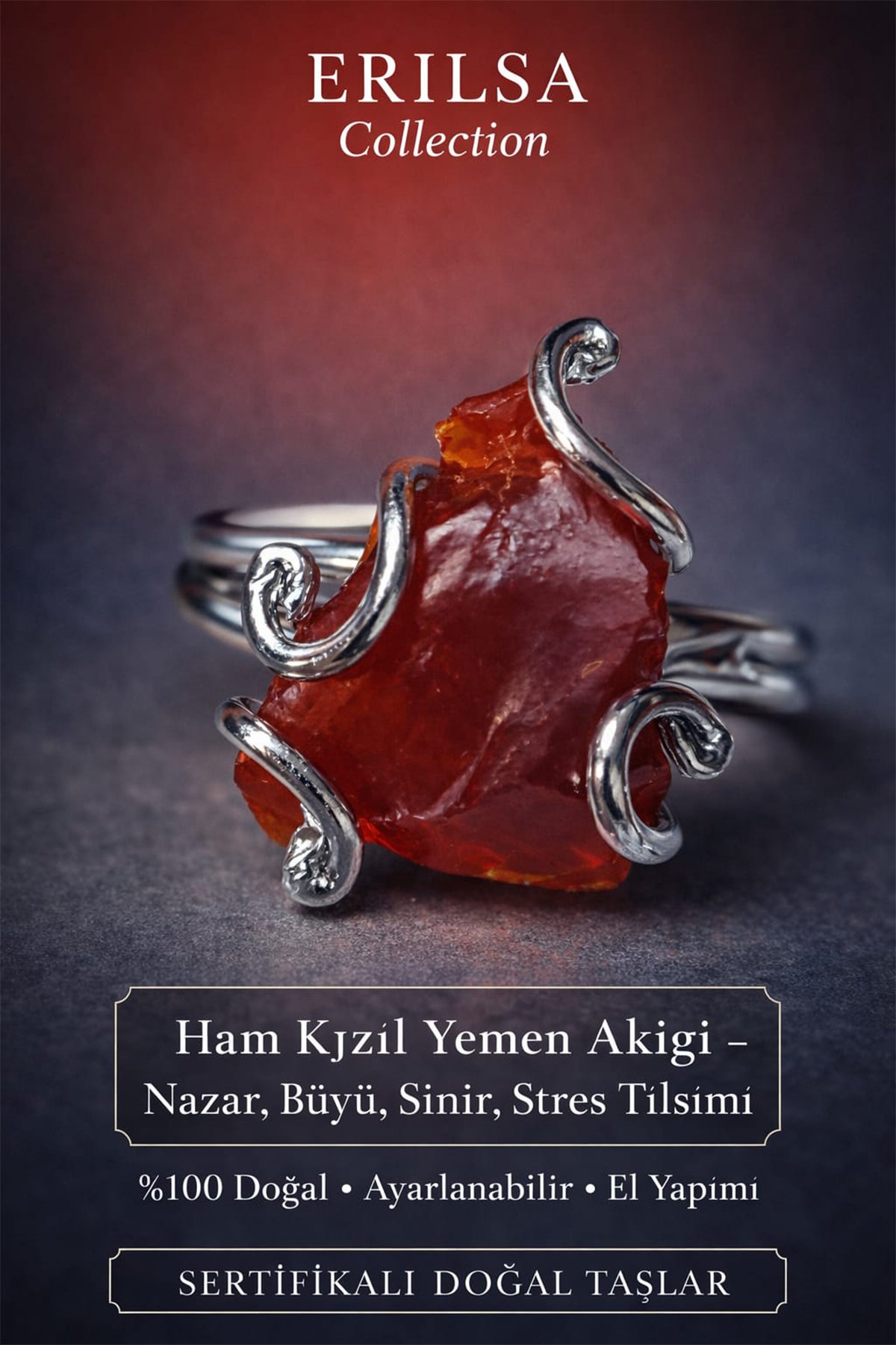 Sertifikalı Nazar Sinir Stres Tılsımı Yüzüğü – Ham Kızıl Yemen Akik Taşı – Ayarlanabilir