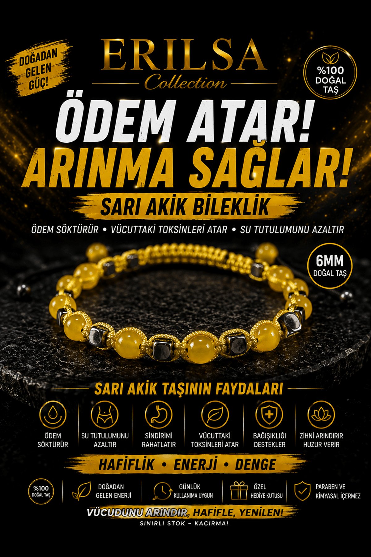 Sertifikalı Sarı Akik Doğal Taş Bileklik 6 MM Ayarlanabilir Unisex Premium - Ödem Atıcı Arınma