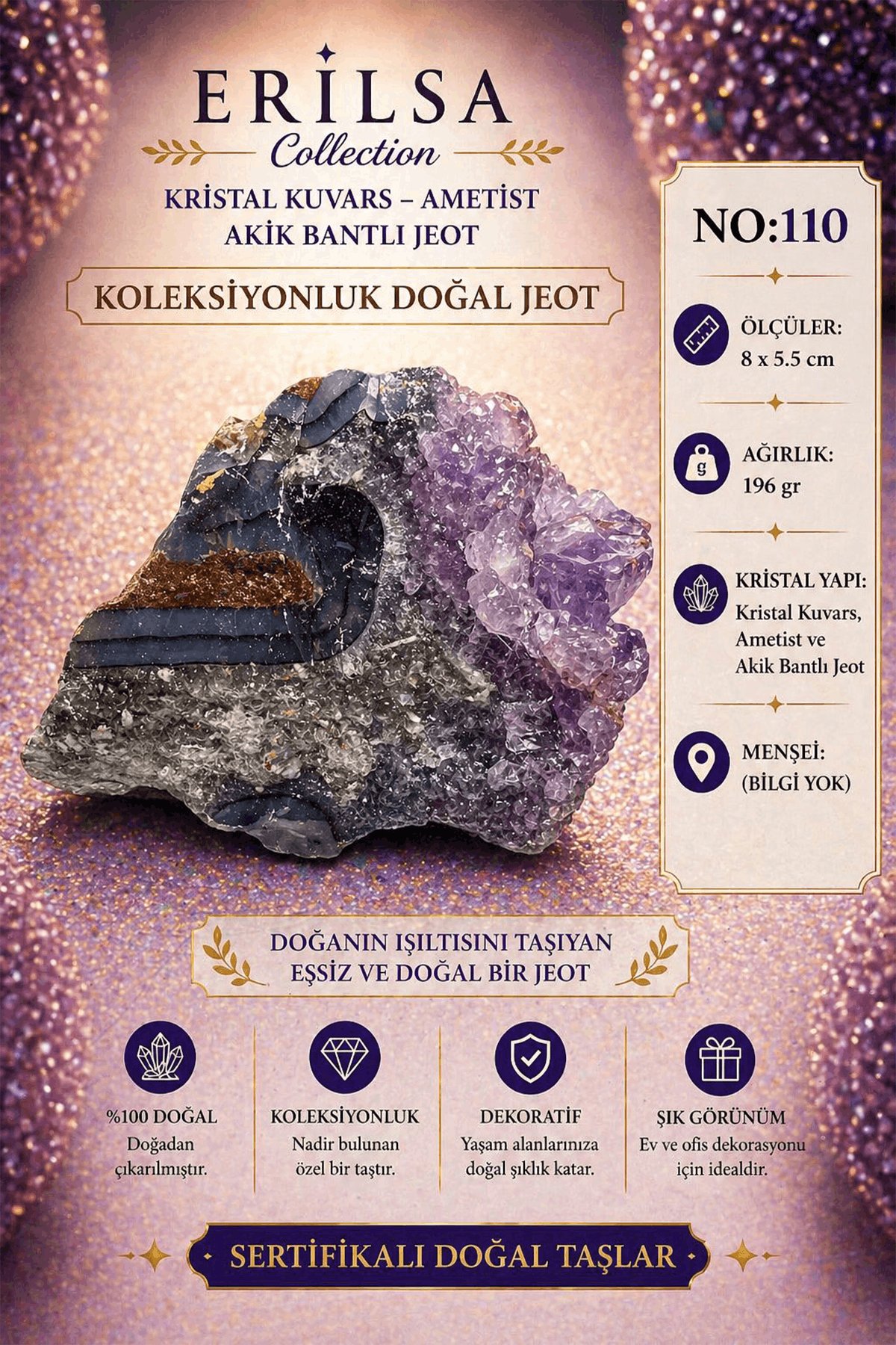 Sertifikalı Kristal Kuvars Ametist Akik Bantlı Jeot Doğal Taş Koleksiyonluk 8x5.5 cm 196 gr NO110