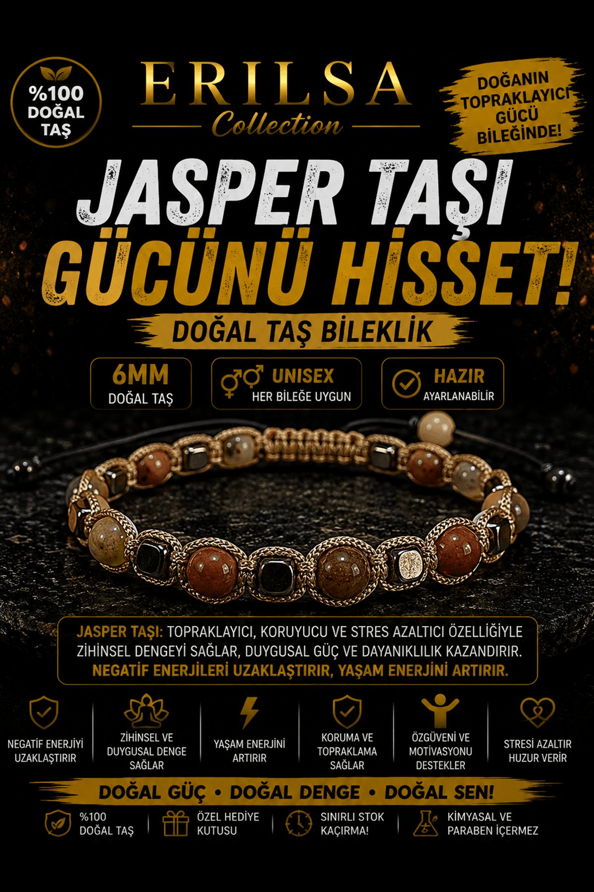 Sertifikalı Jasper Taşı Doğal Taş Bileklik 6 MM Ayarlanabilir Unisex Premium Model - Güç Cesaret
