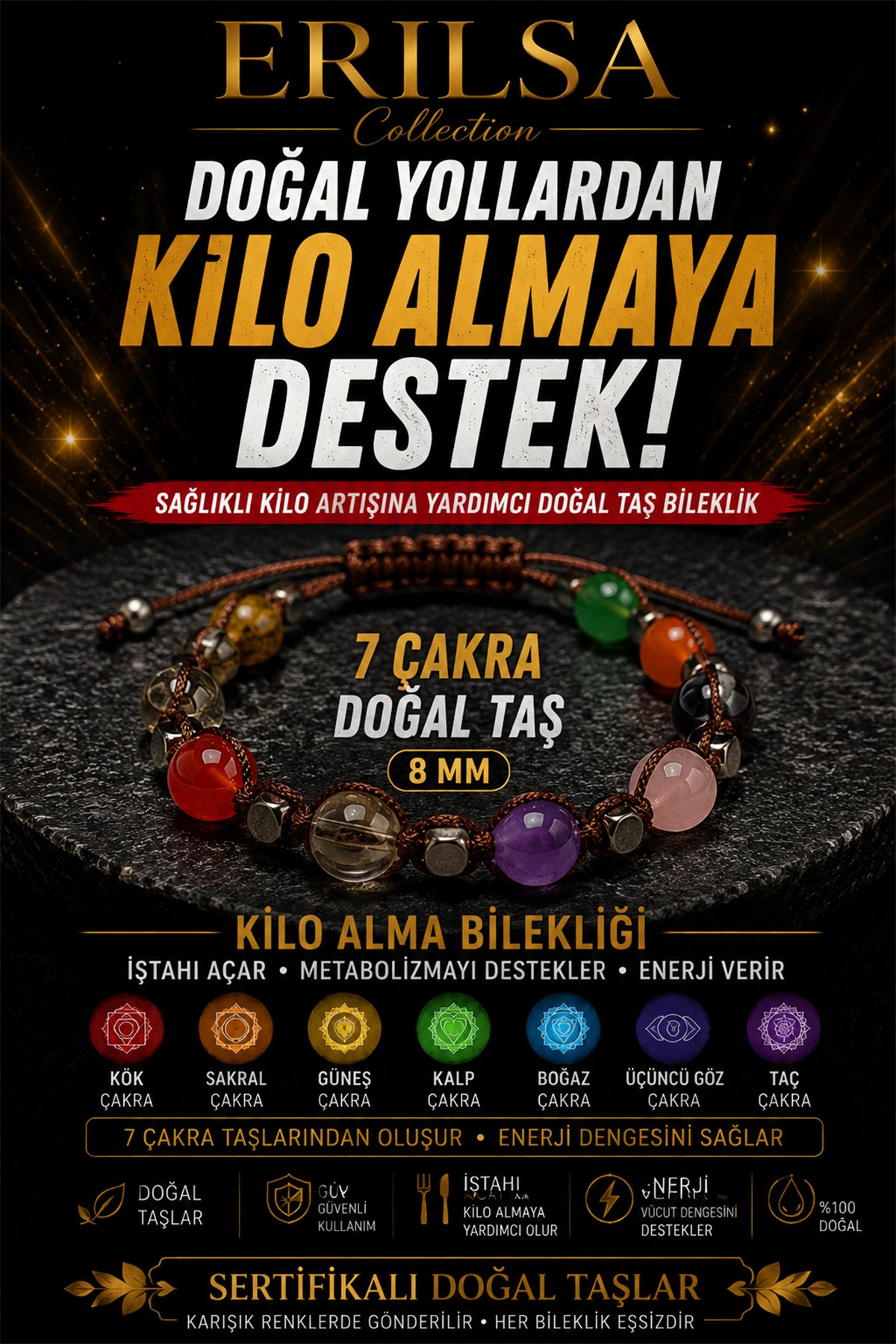 Sertifikalı 7 Çakra Doğal Taş Bileklik 8 MM Ayarlanabilir Unisex Premium Model