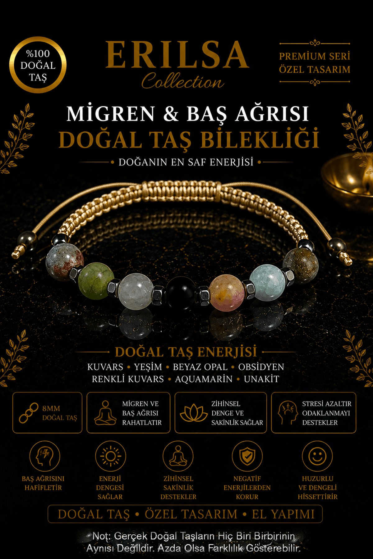 Sertifikalı Migren Baş Ağrısı Doğal Taş Bilekliği - Ayarlanabilir Unisex Premium Tasarım 8MM
