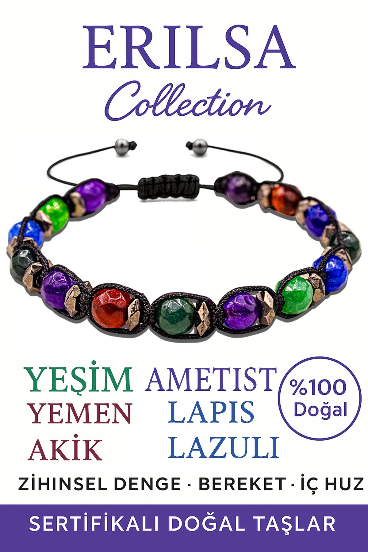 Sertifikalı Fasetli Terahertz & Yeşim, Ametist, Yemen Akik, Lapis Lazuli Bileklik – Enerji
