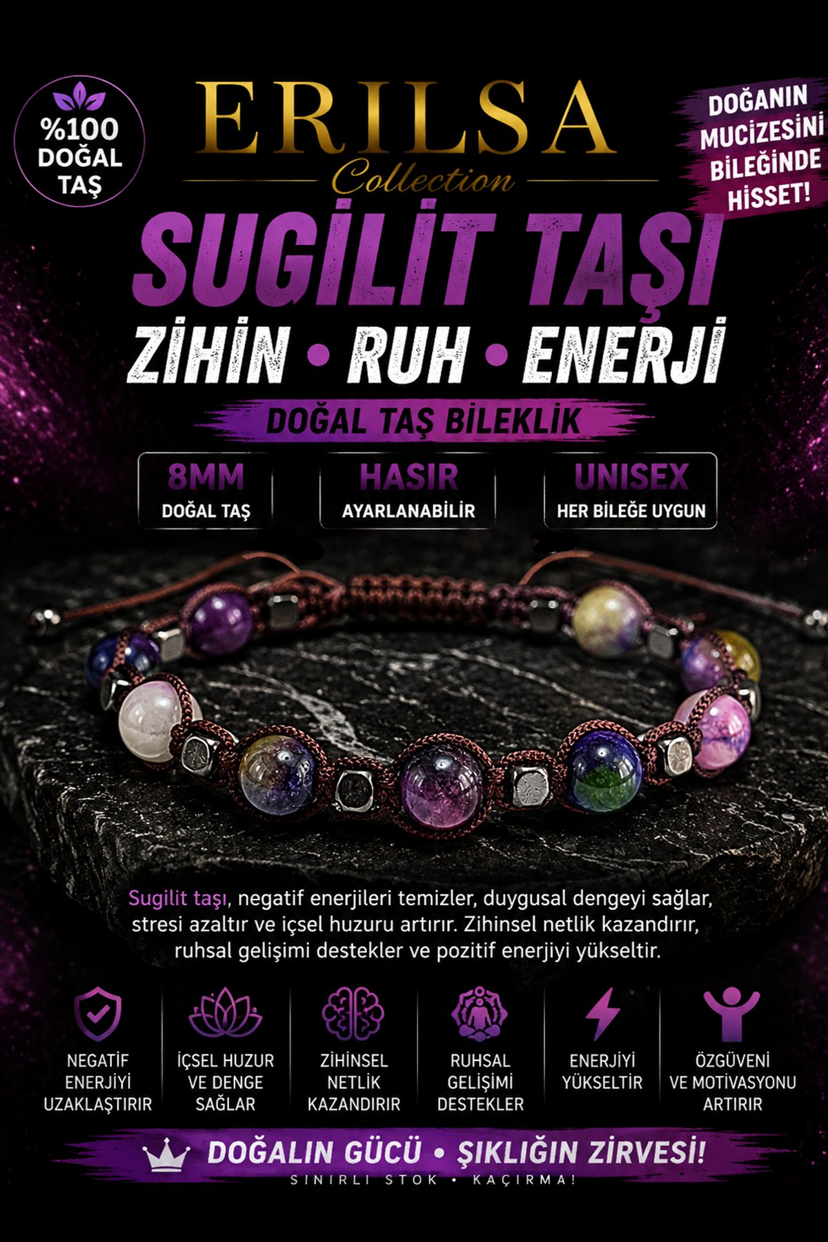 Sertifikalı Sugilit Taşı Doğal Taş Bileklik 8 MM Ayarlanabilir Unisex Hasır Model