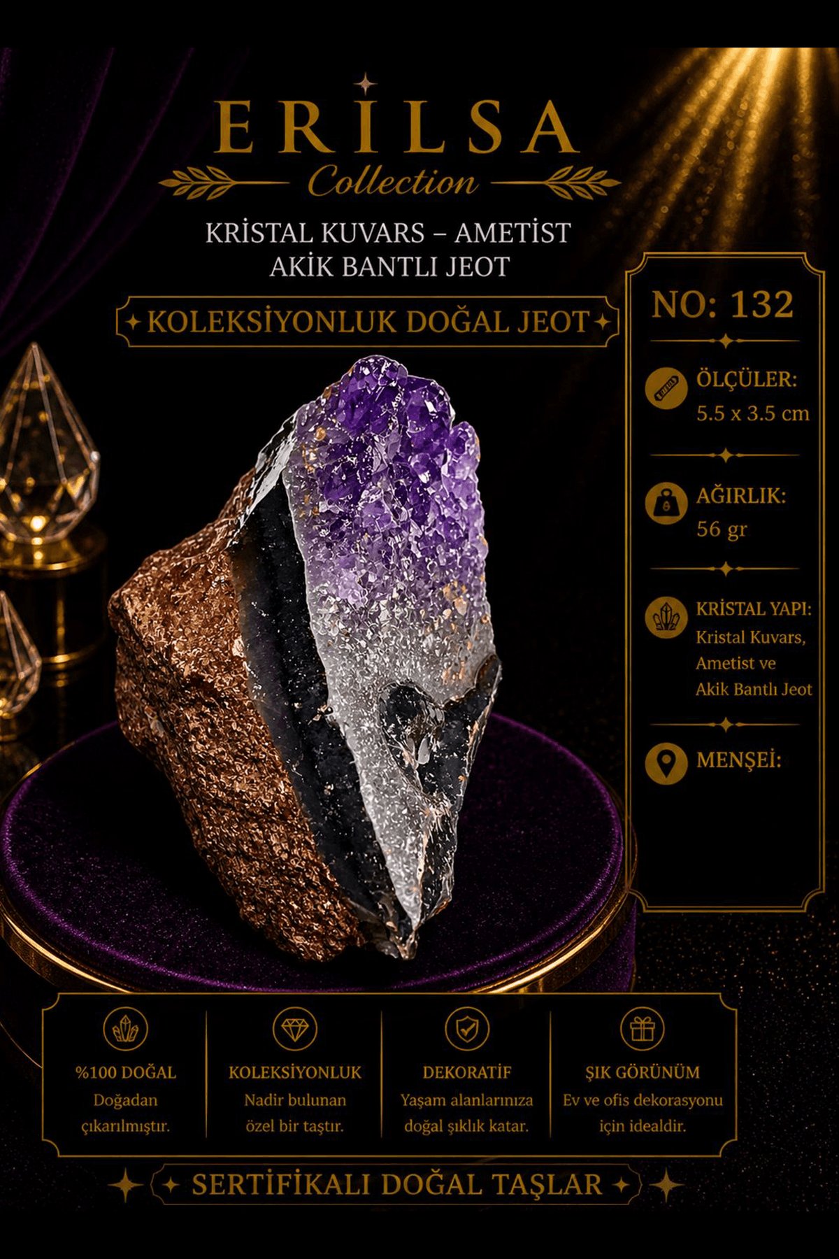 Sertifikalı Kristal Kuvars Ametist Akik Bantlı Jeot Koleksiyonluk Doğal Taş Dekoratif Obje NO 132