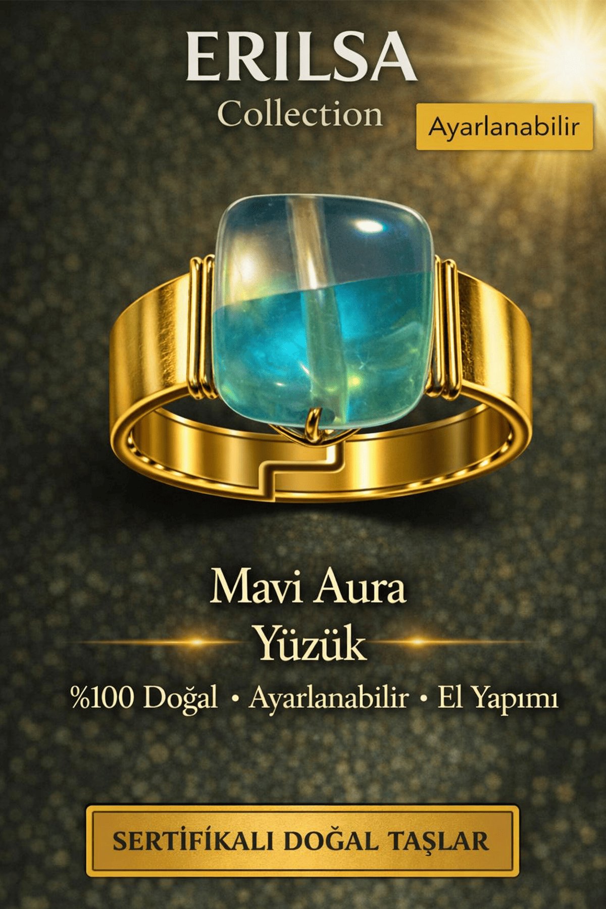 Sertifikalı Mavi Aura Kuvars Yüzük Doğal Taş Yüzük Ayarlanabilir El Yapımı Enerji Taşı