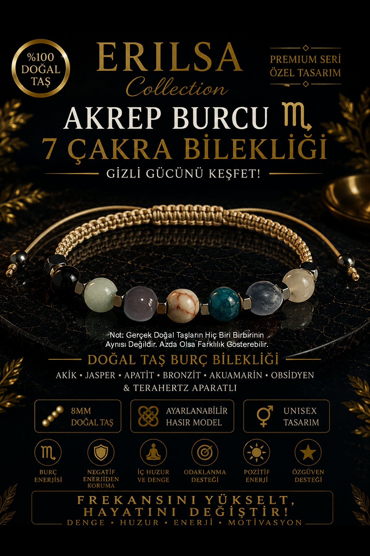 Sertifikalı Akrep Burcu 7 Çakra Doğal Taş Bileklik - Ayarlamalı Unisex Lüks Hem Bileklik Hem Halhal