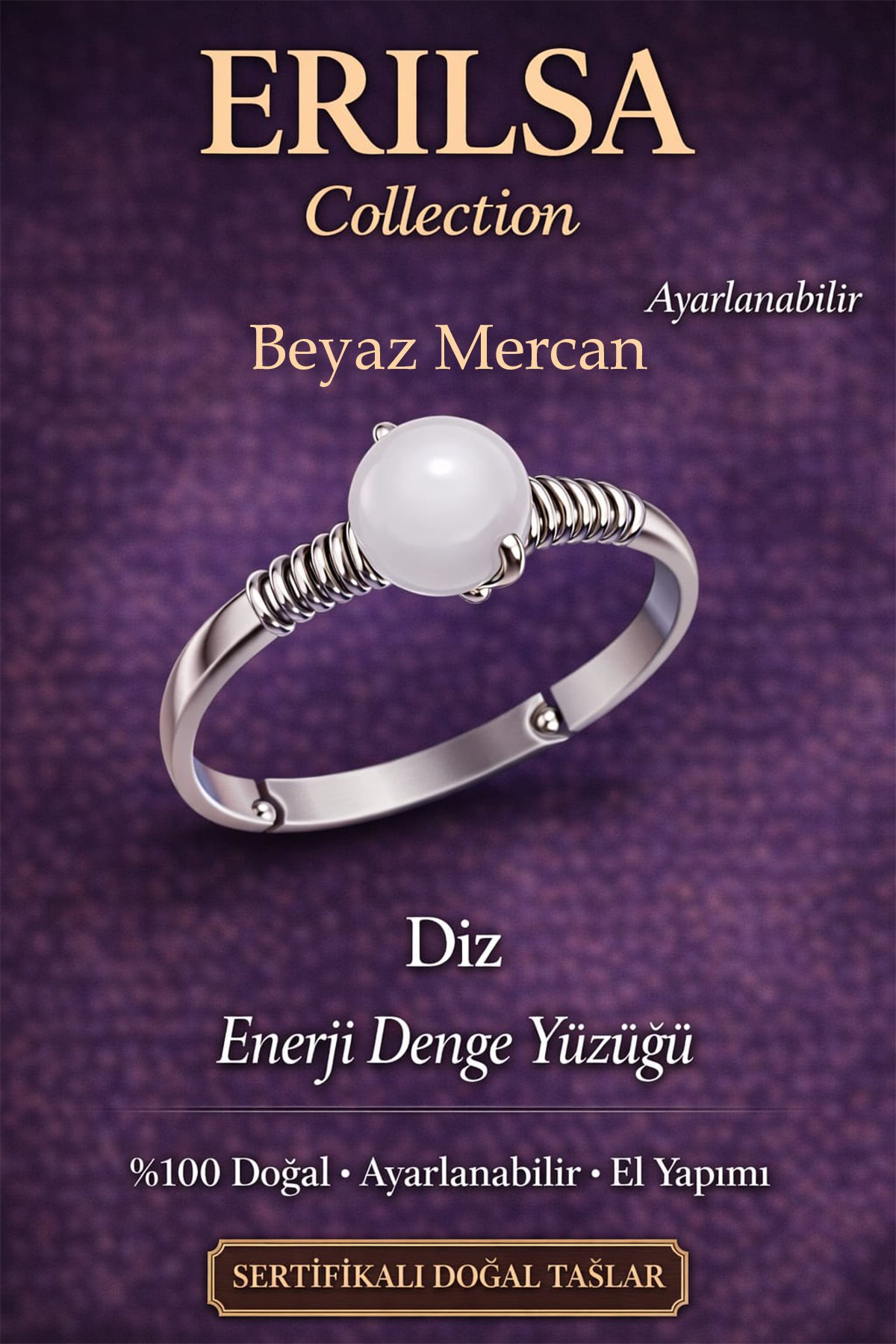 Sertifikalı Diz Enerji Denge Yüzüğü – Beyaz Mercan Taşı Ayarlamalı İnce Kasa Boğa Oğlak Başak Burcu