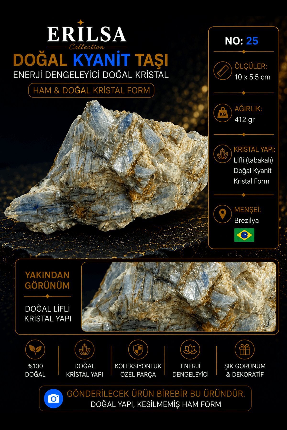 Sertifikalı Doğal Kyanit Taşı Ham Kristal Kütle Mineral Kaya No 25