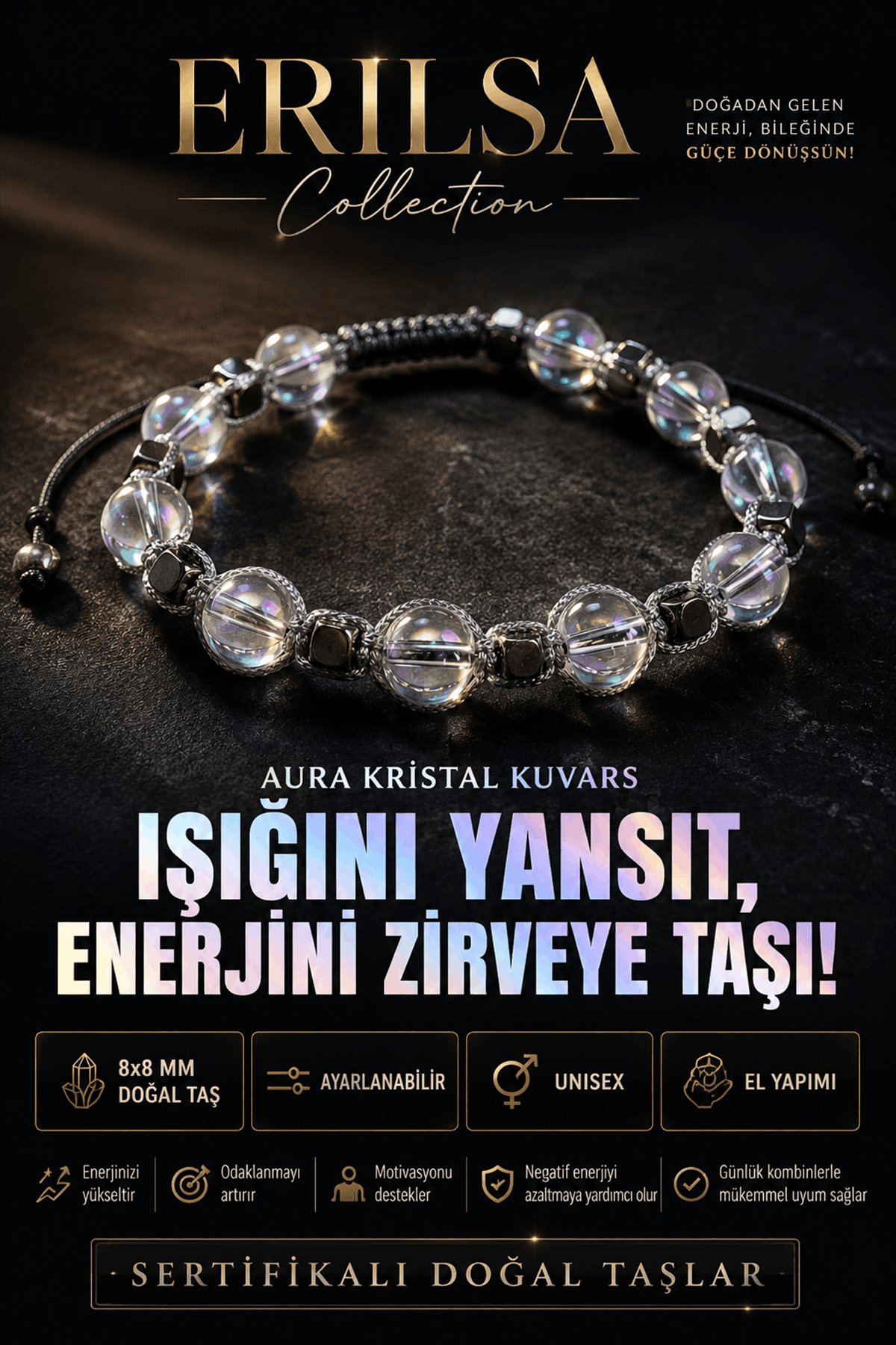 Sertifikalı Aura Kristal Kuvars Doğal Taş Bileklik 8x8 MM Ayarlanabilir Unisex - Yüksek Enerji Aura