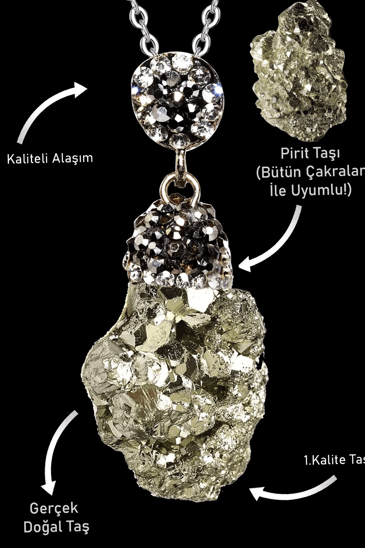 Sertifikalı Zirkon Taşlı Ham İşlenmemiş Pirit Taşı Kolye 