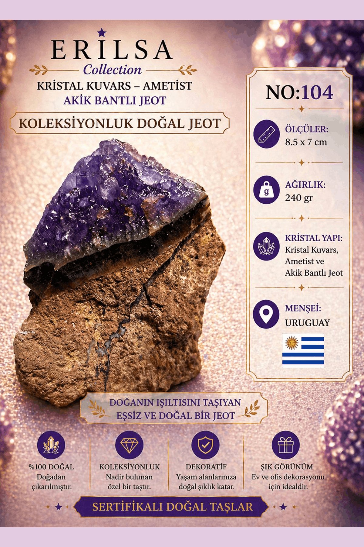 Sertifikalı Kristal Kuvars Ametist Akik Bantlı Jeot Doğal Taş Koleksiyonluk 8.5x7 cm 240 gr NO104