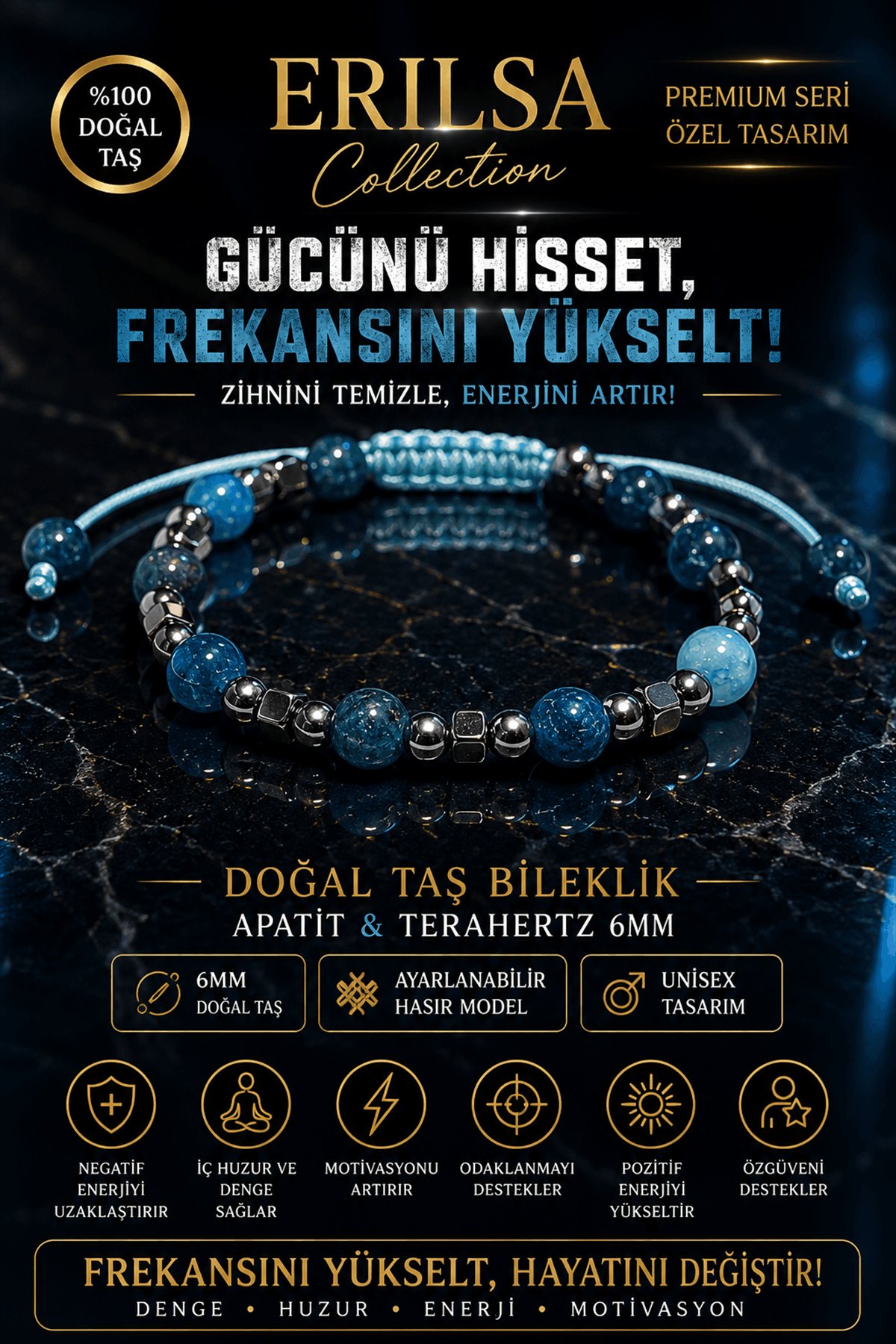 Sertifikalı Apatit Terahertz Doğal Taş Bileklik 6 MM Ayarlanabilir Unisex Premium Model
