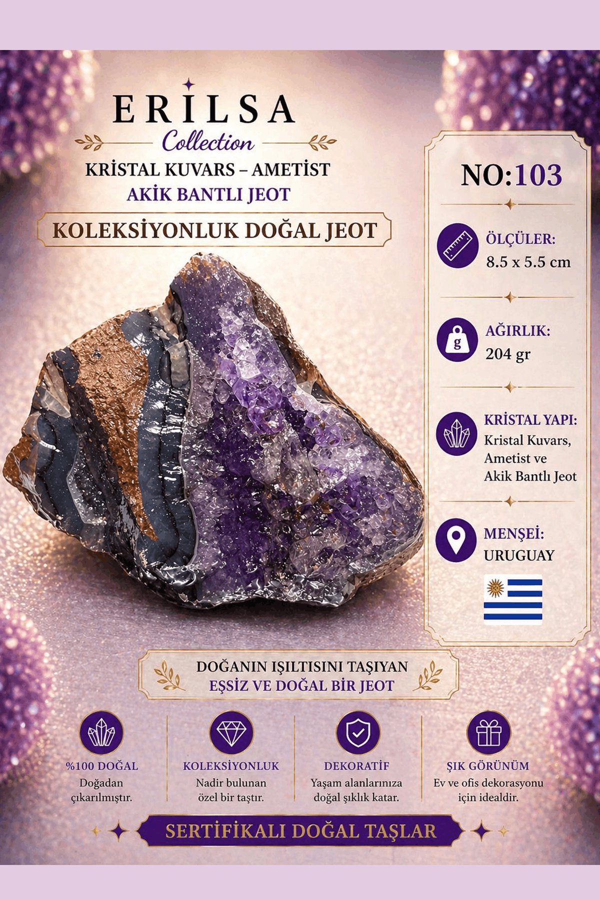 Sertifikalı Kristal Kuvars Ametist Akik Bantlı Jeot Doğal Taş Koleksiyonluk 8.5x5.5 cm 204 gr NO103