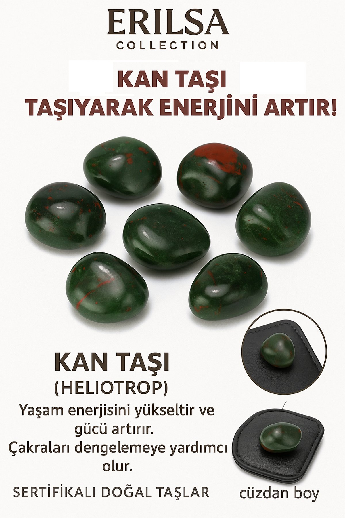 Sertifikalı Cüzdan Boy Heliotrop - Kan Taşı Kütle - Dayanıklılık ve Yaşam Gücü Kazandırır
