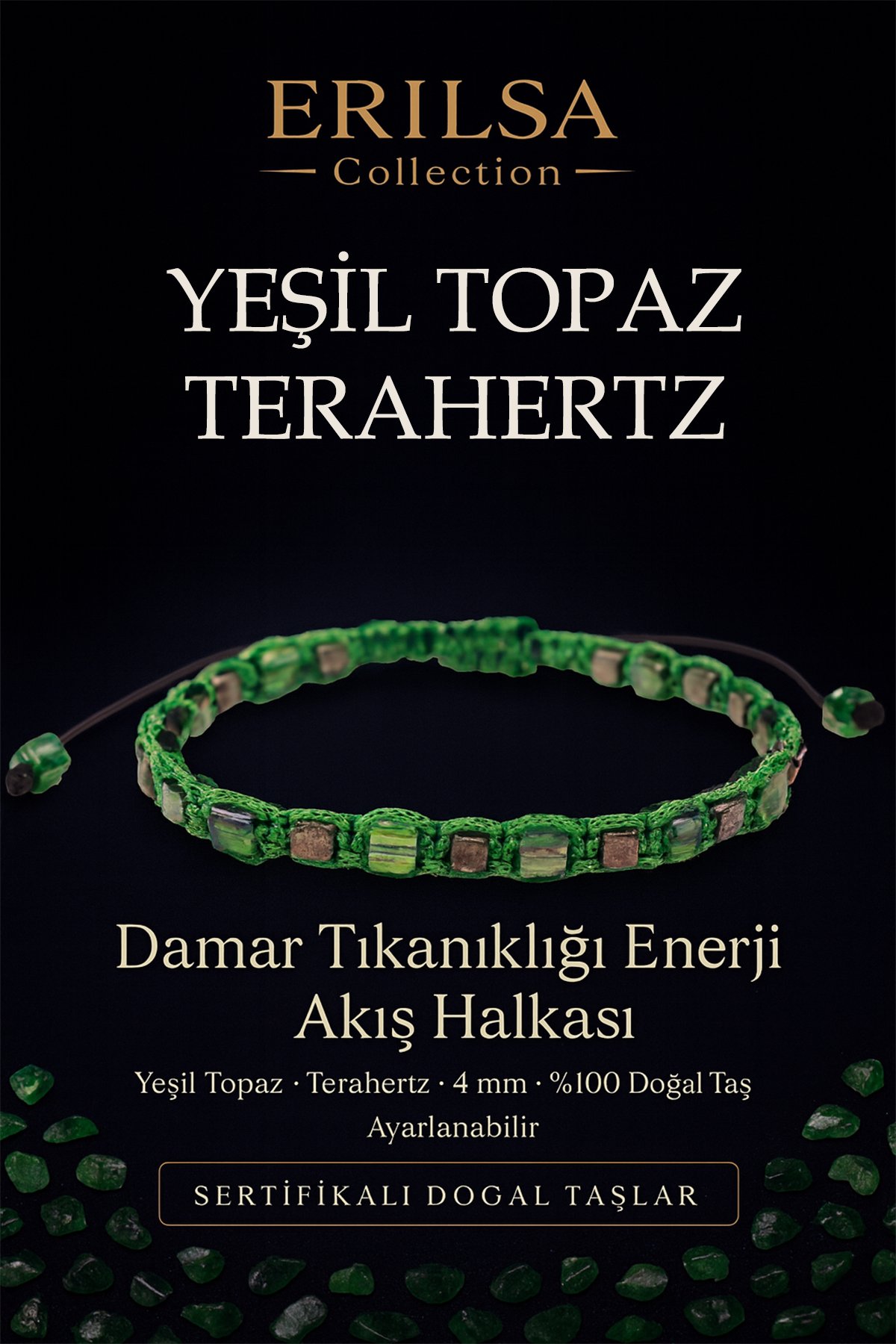 Sertifikalı Damar Tıkanıklığı Enerji Akış Halkası – Yeşil Topaz ve Terahertz Doğal Taş 4 mm