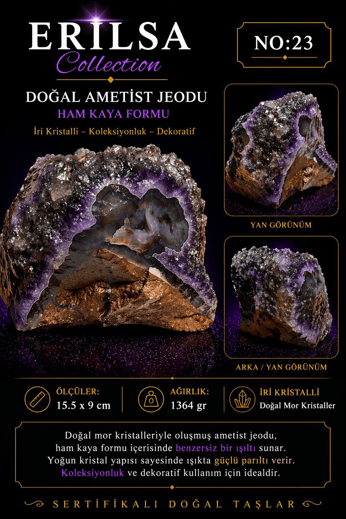 Sertifikalı Doğal Ametist Jeodu Taşı İri Kristal Ham Kaya Mor Ametist Büyük Kütle Dekoratif 