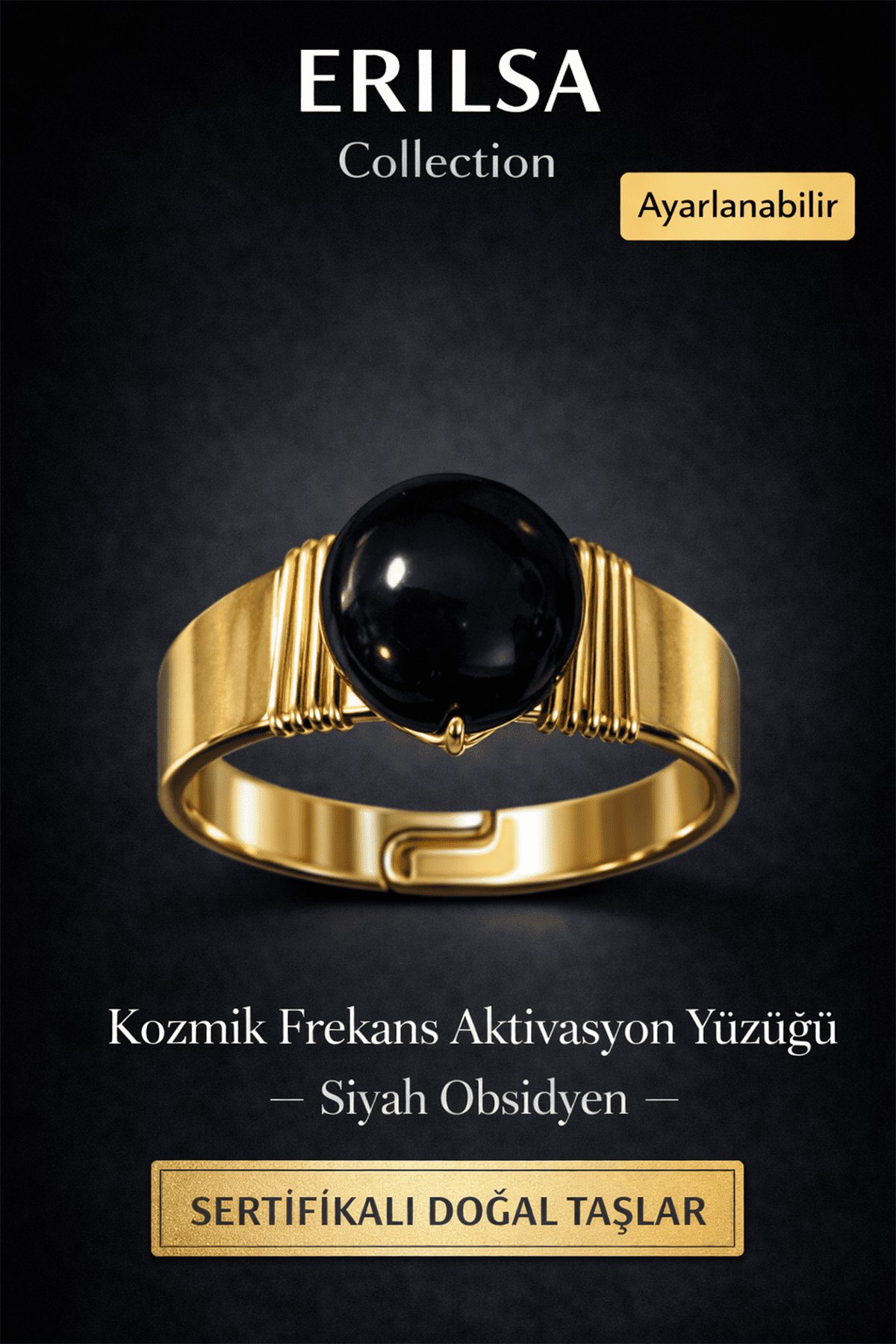 Sertifikalı Siyah Obsidyen Doğal Taş Yüzük – Kozmik Frekans Aktivasyon Ayarlanabilir