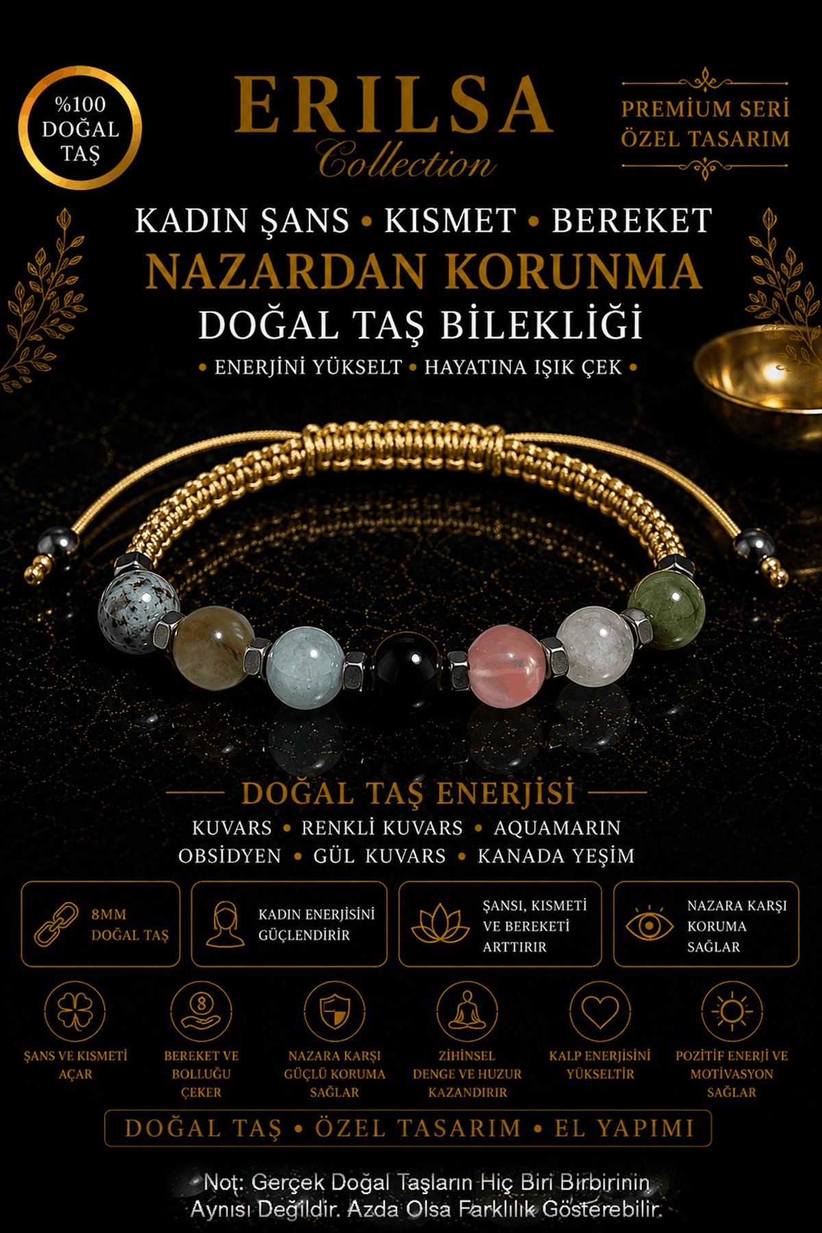 Sertifikalı Kadın Şans Kısmet Bereket Nazardan Korunma Doğal Taş Bilekliği Ayarlanamalı Unisex Lüks