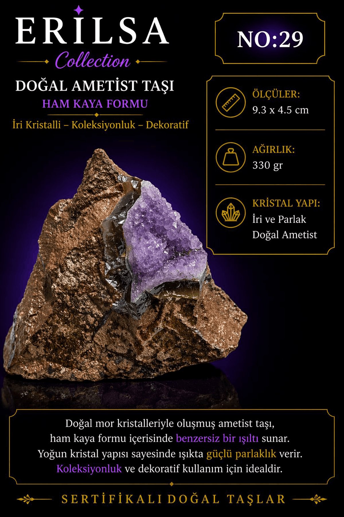 Sertifikalı Doğal Ametist Taşı Ham Kaya İri Kristalli Mor Dekoratif Kütle Parça İşlenmemiş
