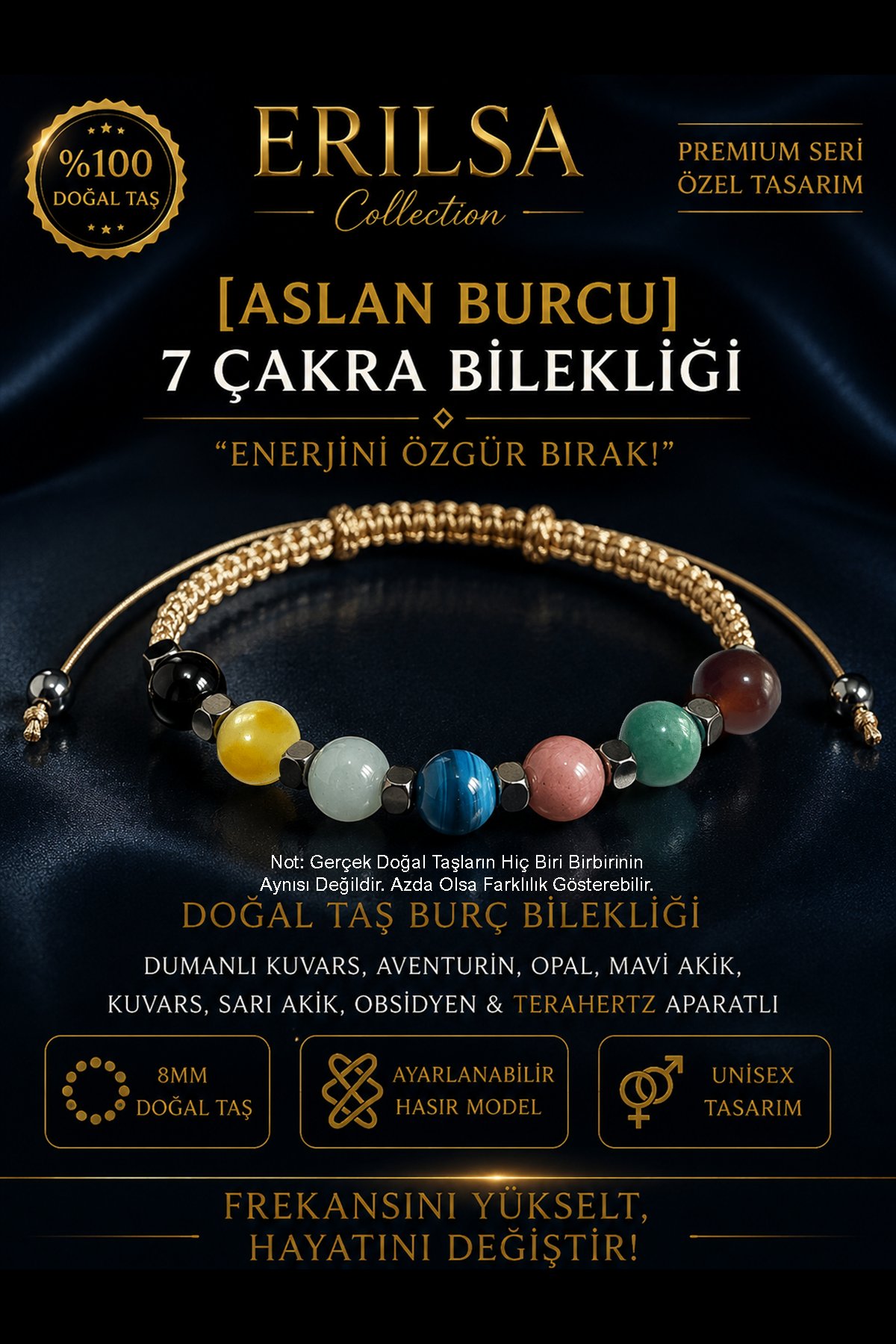 Sertifikalı Aslan Burcu 7 Çakra Doğal Taş Bileklik - Ayarlamalı Unisex Lüks Hem Bileklik Hem Halhal