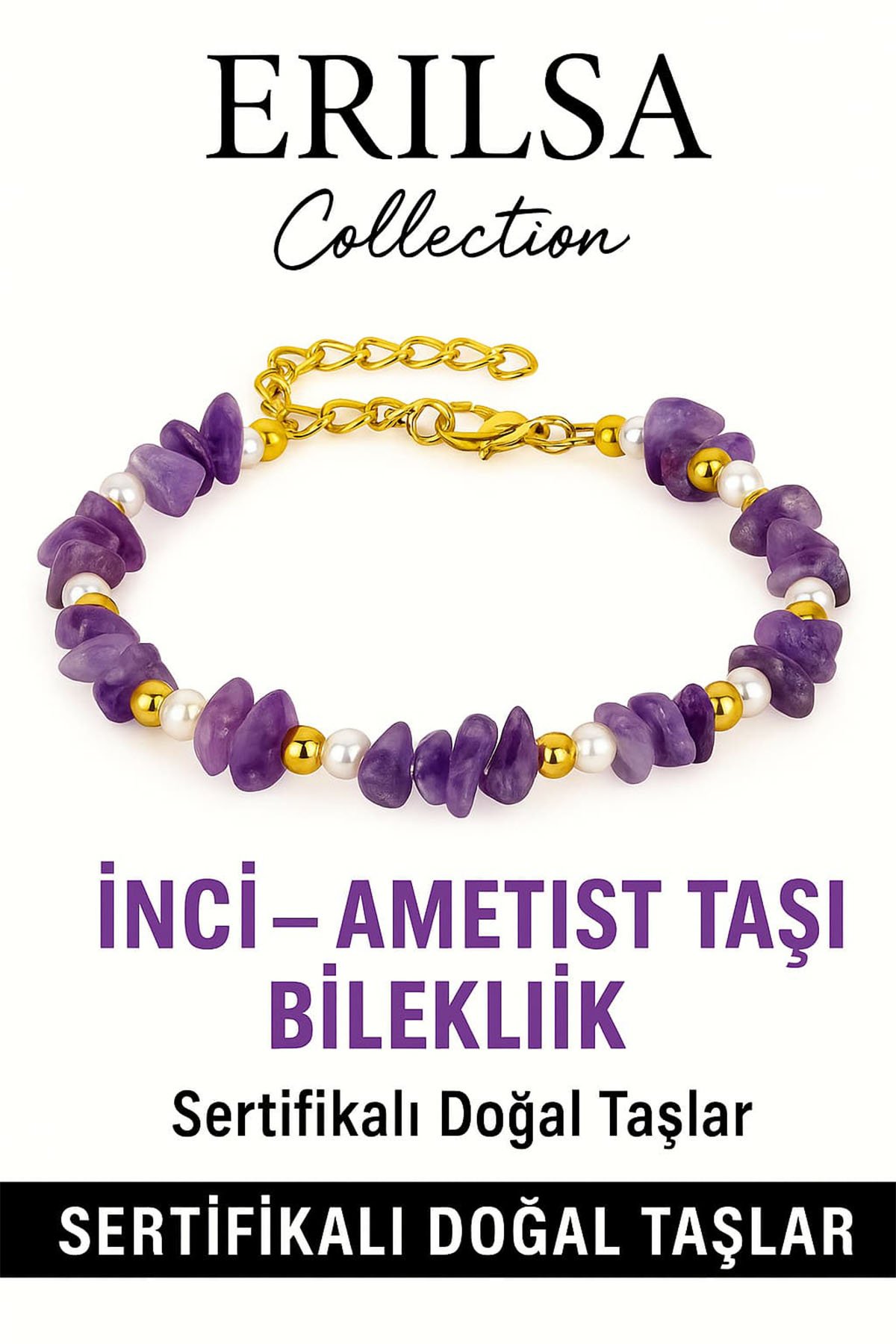 Sertifikalı Kırık Taşlı Model İnci – Ametist Taşı Bileklik – Sakinlik ve Ruhsal Denge