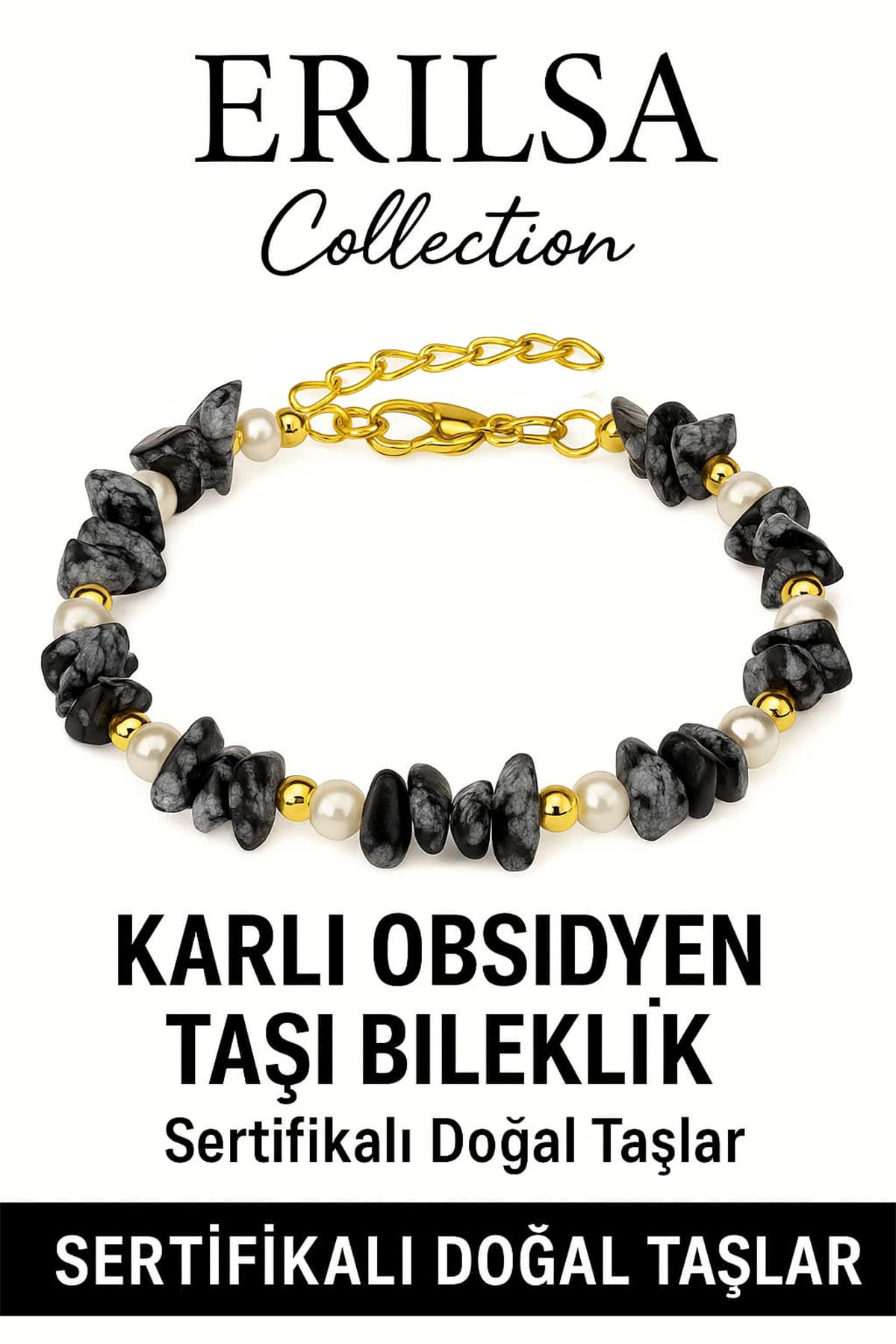 Sertifikalı İnci ve Karlı Obsidyen Taşı Bileklik – Denge ve Canlılık Enerjisi