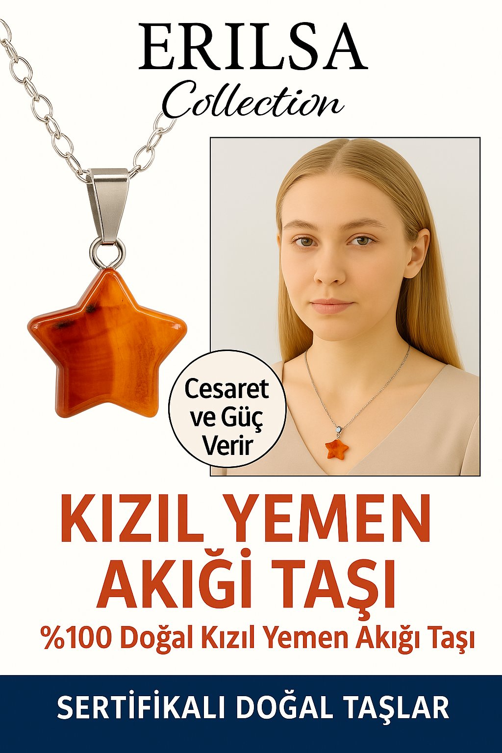 Sertifikalı Yıldız Kesim Kızıl Yemen Akiği Kolye – Nazar ve Stres Karşıtı Doğal Taş