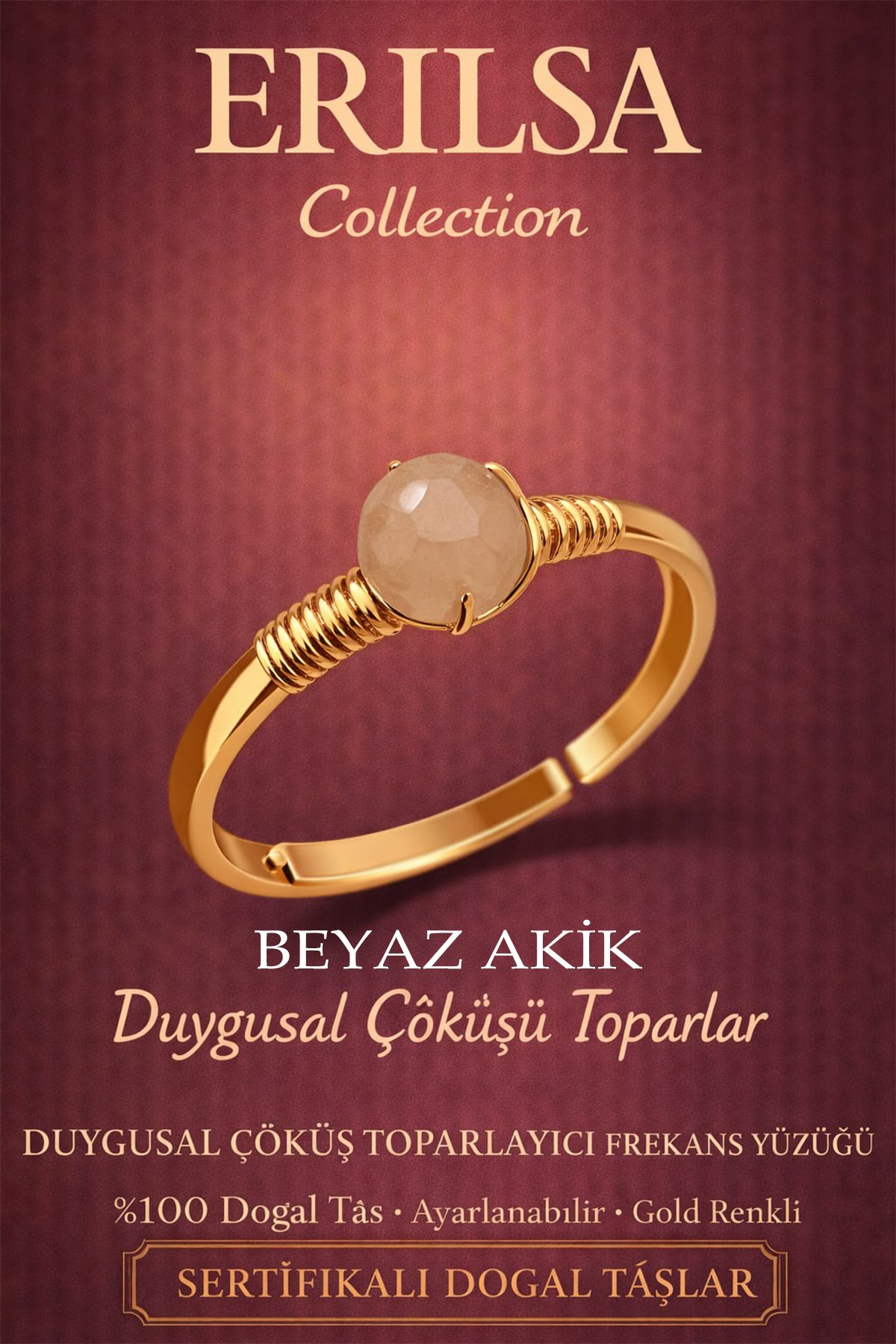 Sertifikalı Beyaz Akik Duygusal Çöküş Toparlayıcı Enerji Yüzüğü - Ayarlamalı Gold Yengeç Balık Burcu