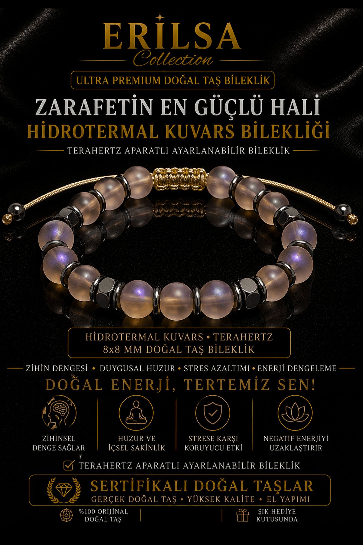Sertifikalı Terahertz - Aura Hidrotermal Kuvars Taşı Bileklik - 8 MM Ayarlanabilir Doğal Taş Unisex