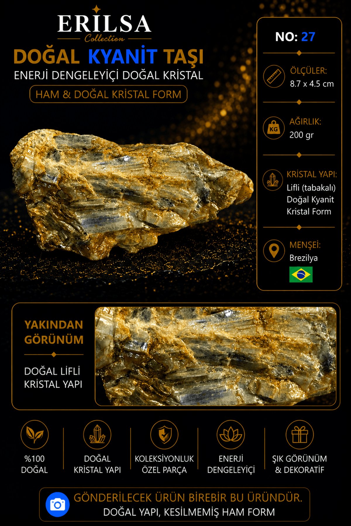 Sertifikalı Doğal Kyanit Taşı Ham Kristal Kütle Doğal Mineral No 28