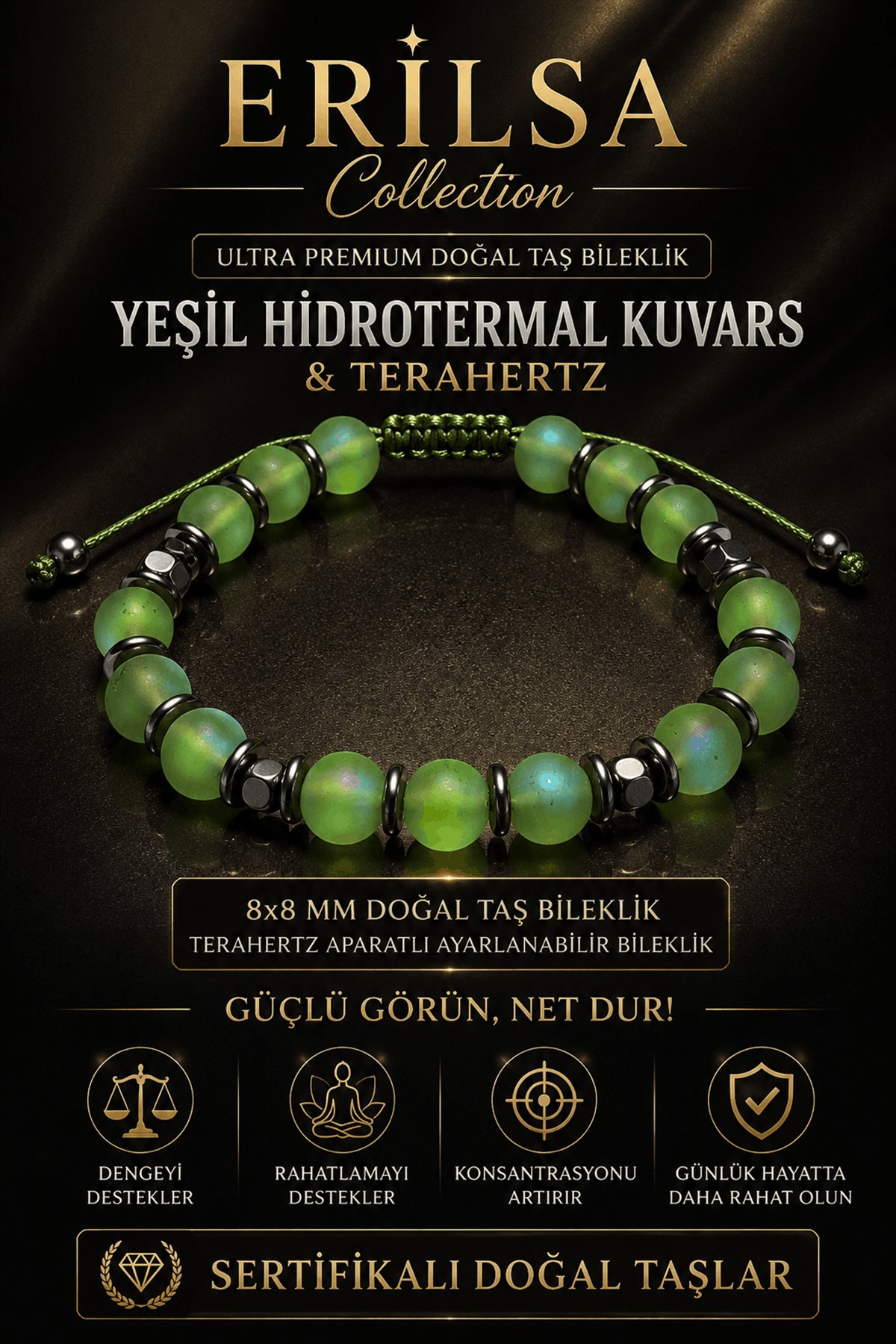 Sertifikalı Terahertz - Aura Açık Yeşil Hidrotermal Kuvars Taşı Denge Bilekliği - 8 MM Unisex