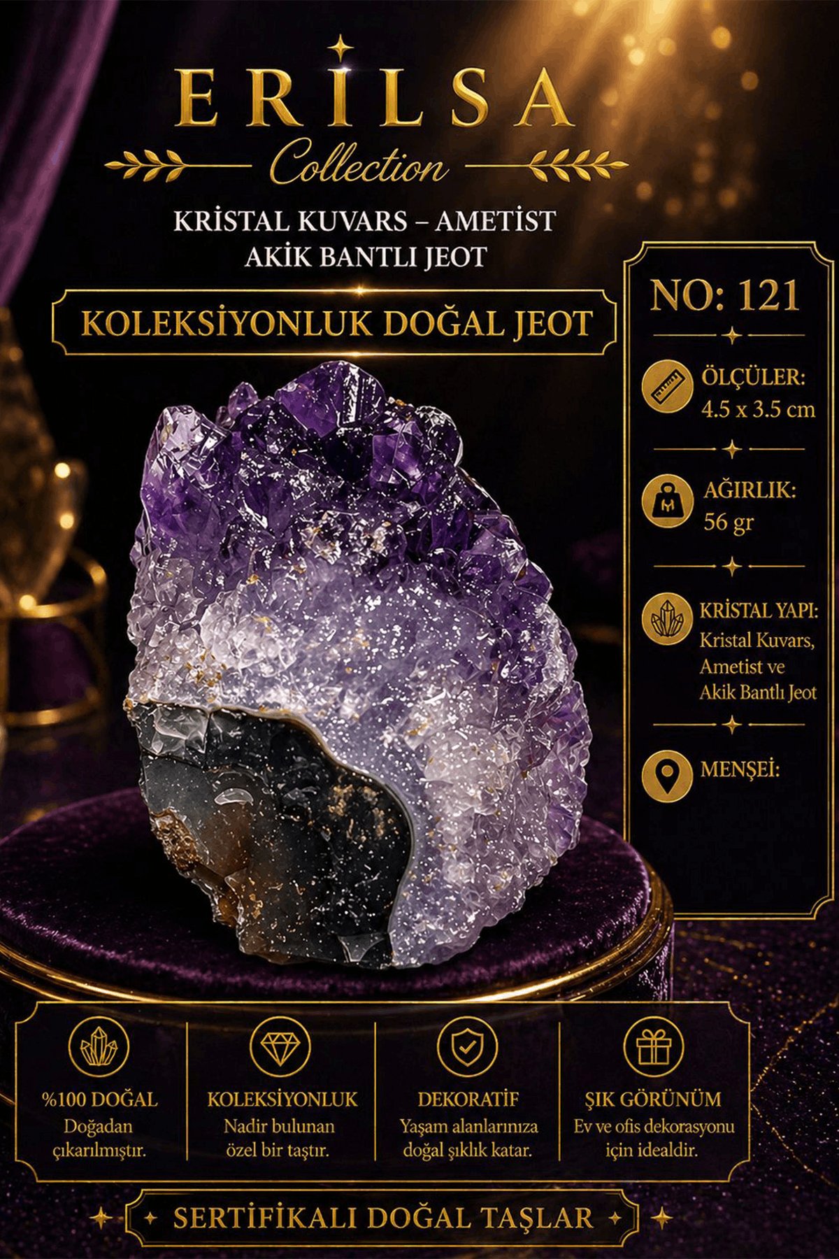 Sertifikalı Kristal Kuvars Ametist Akik Bantlı Jeot Koleksiyonluk Doğal Taş Dekoratif Obje NO121